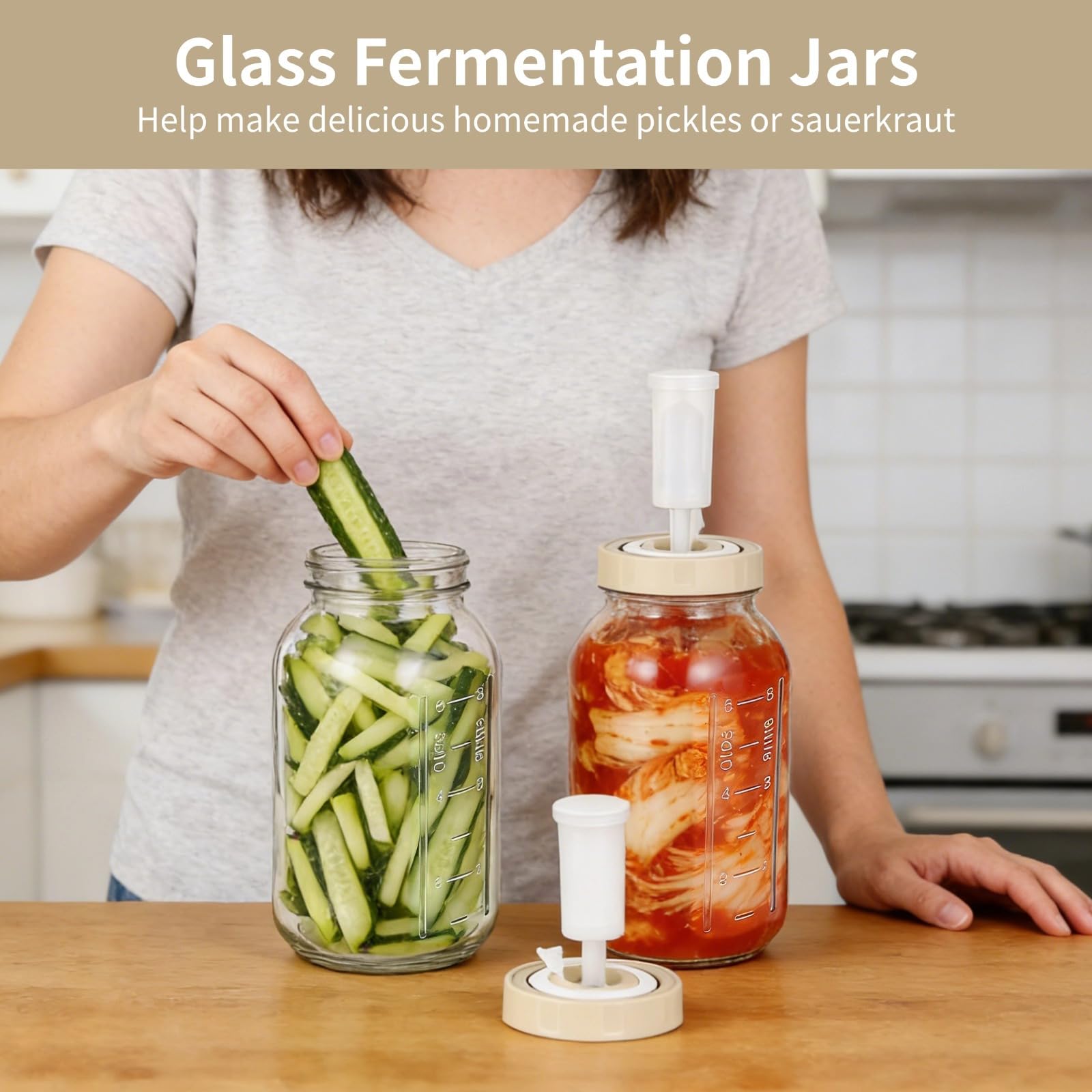 2 szt. szklanych słoików fermentacyjnych, do Kimchi, kapusty kiszonej i przechowywania w kuchni, kwadratowy design oszczędzający miejsce, z datownikiem i jednokierunkowym zaworem powietrza