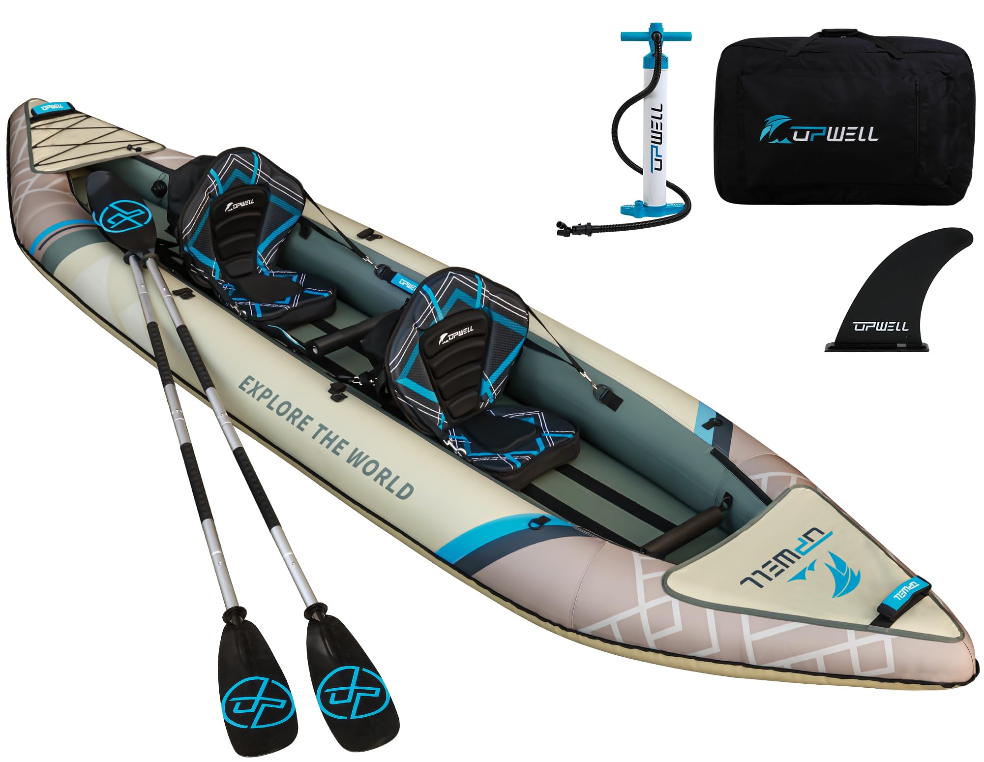 UPWELL 13'6”/11' Inflatable Recreational Kayak - 2 Person with Drop Stitch Floor and Accessories Including Kayak Seats with High Back Support, Paddle, Fin, Repair Kits, Carry Bag and Hand Pump