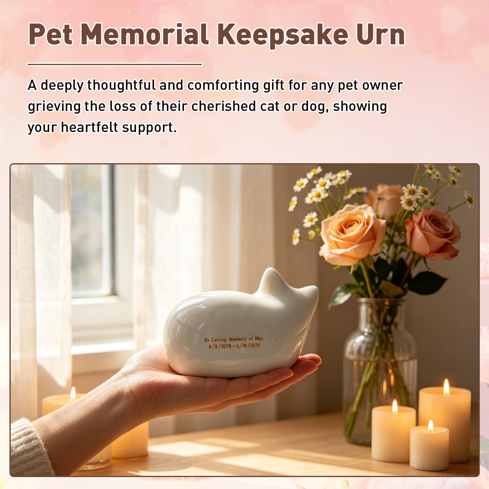 Spersonalizowana urna dla kota na prochy, niestandardowy grawerowany ceramiczny pomnik dla zwierząt domowych z imieniem, tekstem i datą, elegancka pamiątka kremacja żałoba prezent dla utraty