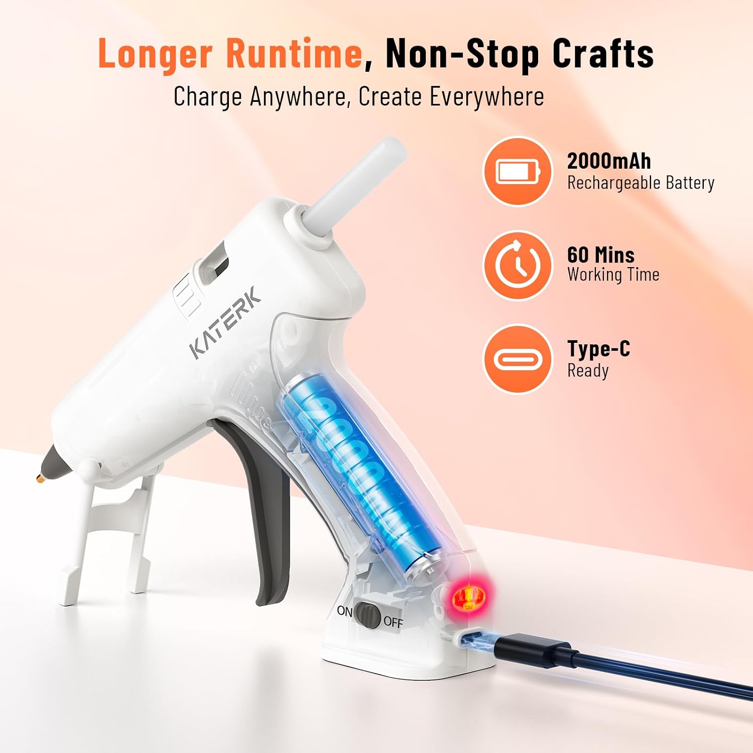 Katerk 3.7V Cordless Hot Glue Gun Kit, 90s Fast Heating, Mini Glue Gun with 15 Glue Sticks, USB-C Rechargeable with 2000mAh Built-in Battery, Ideal for DIY, Gift Making,School Crafts & Repairs (White) thumbnail