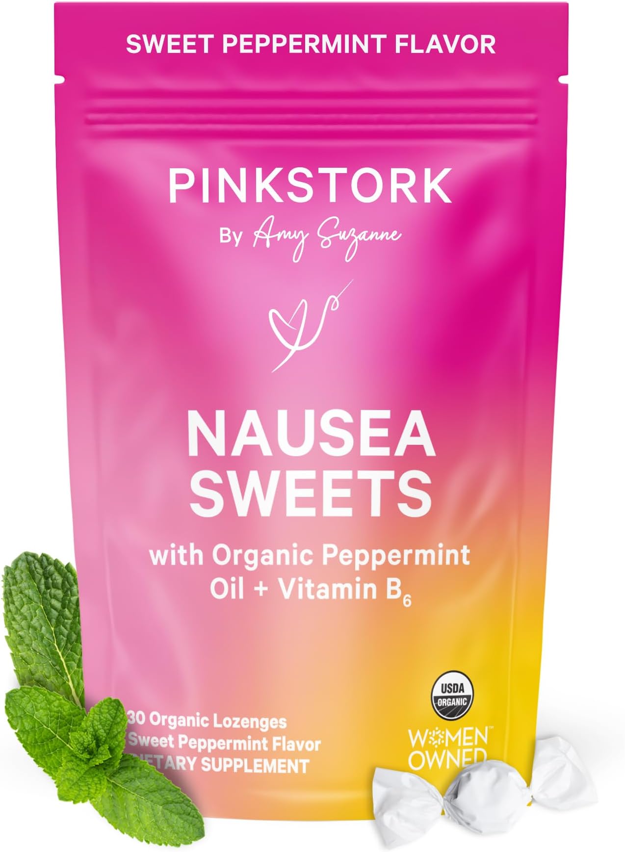 Organic Peppermint Sweets for Morning Sickness and Motion Sickness Support, Added Vitamin B6, 1st Trimester Pregnancy Must Haves - 30 Wrapped Peppermint Candies