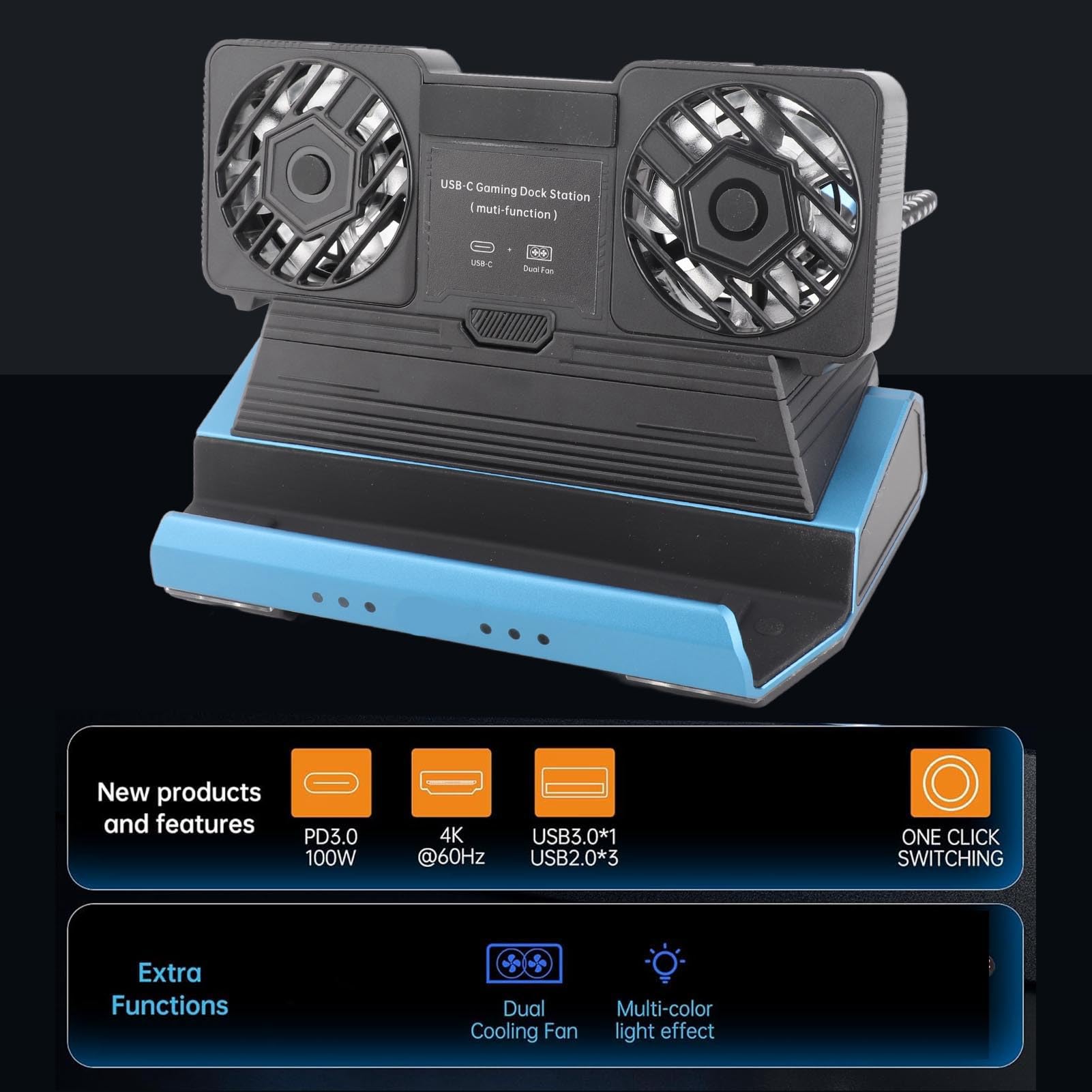 Taidda Estación de Acoplamiento USB C RGB con Ventilador de Refrigeración Dual para Steam Deck Interfaz Multimedia 4K 60 Hz Gigabit Ethernet para Consola de Juegos Portátil Base Aleación de Aluminio