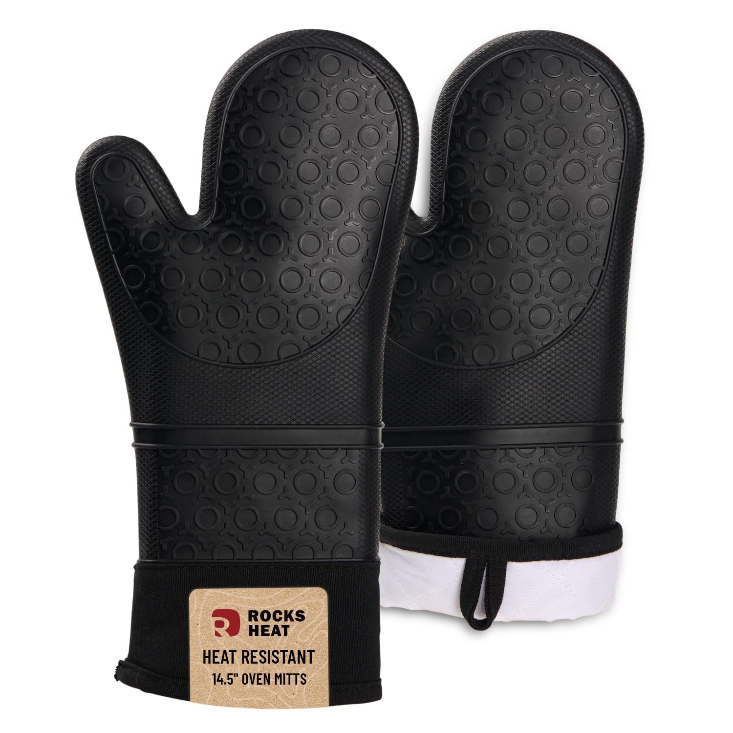 Silicone Oven Mitts, 550°F Heat Resistant Waterproof Oven Gloves, 2 Pcs Non Slip Pot Holders with Thick Cotton Liner, 14.5” Extra Long Kitchen Oven Gloves for Baking Cooking Grilling, Black