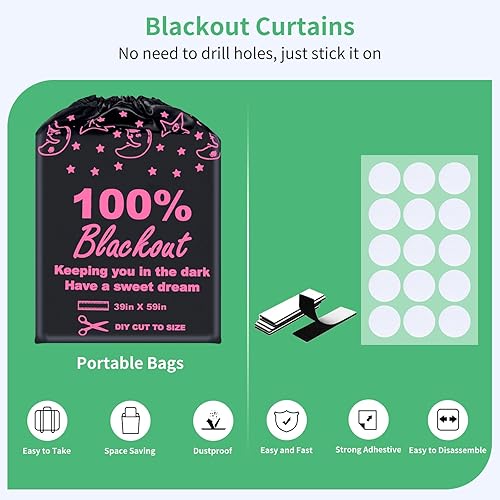 Miniatura 3 de Cortinas ciegas 100% opacas (39 x 59 pulgadas) Corte DIY a cualquier tamaño o forma Pestañas de gancho y bucle Bolsas portátiles para viajes Bloqueo