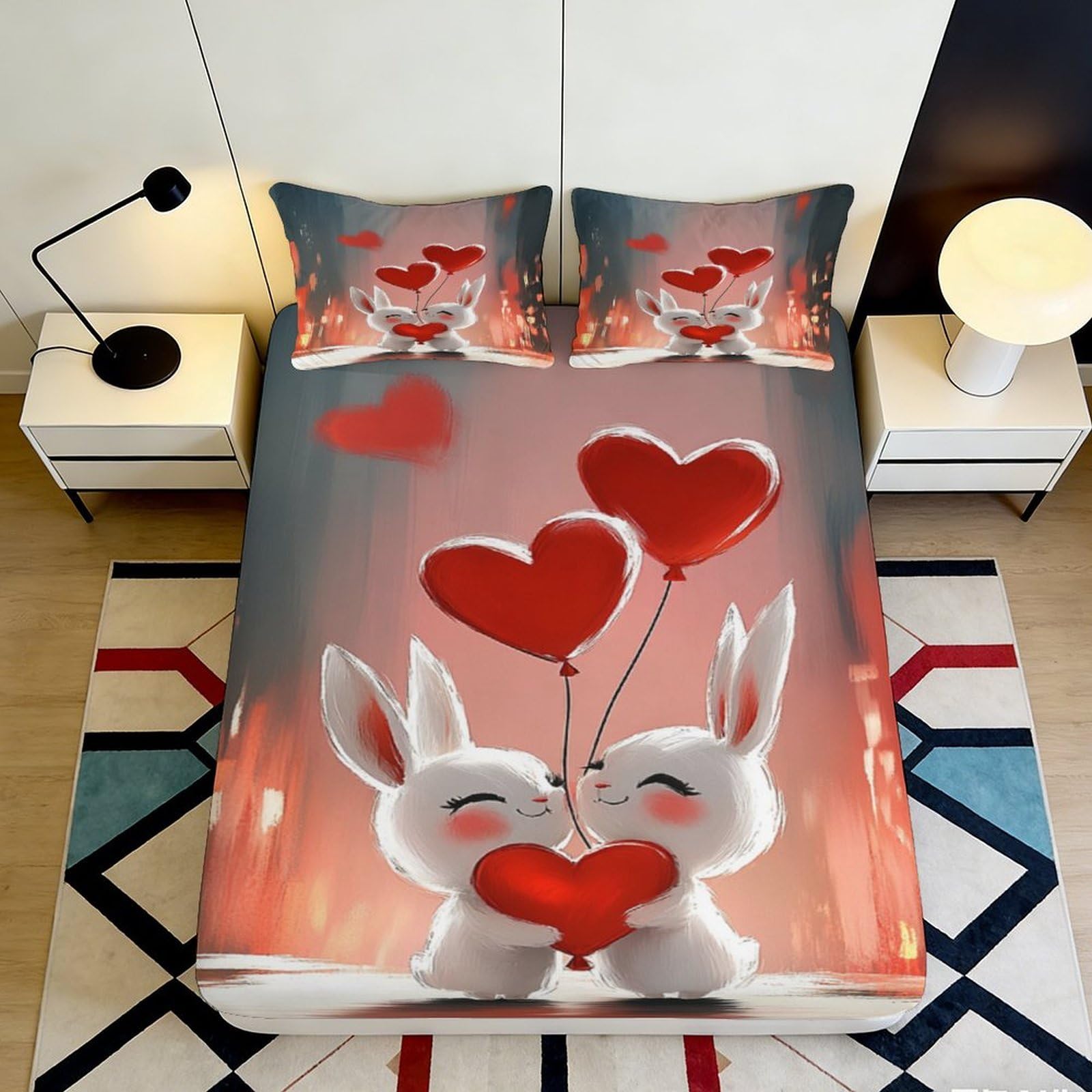 Ctjqhvmx Style-10 3D Printed Cartoon Rabbit Heart Fitted Sheet Microfiber Non-Slip Deep Pocket Cartoon Rabbit Heart Mattress Fitted Cover Washable 90X200x25cm 90X200x25cm