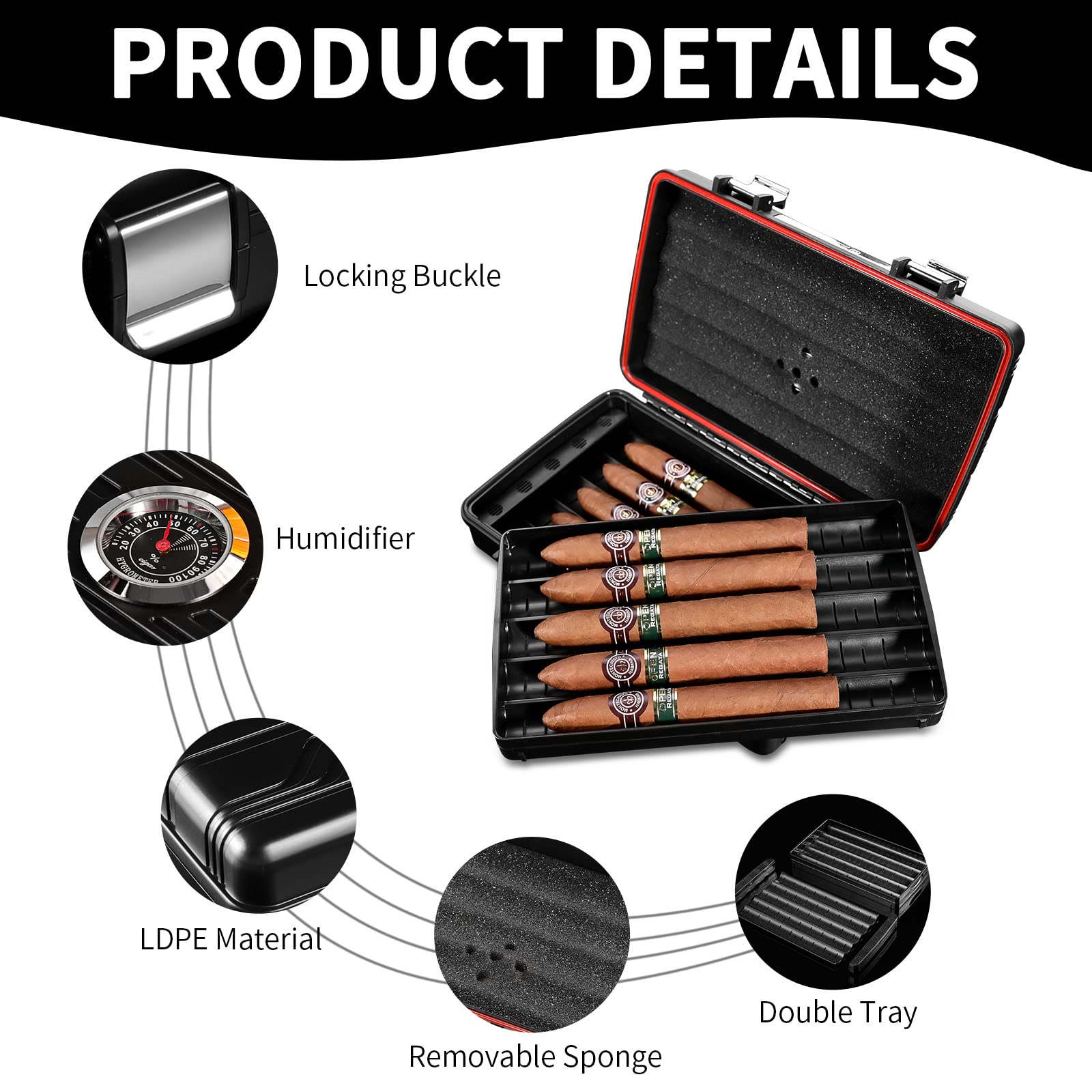 CIGARLOONG Zigarren-Humidor, tragbar, doppellagig, hält 10 Zigarren mit Hygrometer und Luftbefeuchter