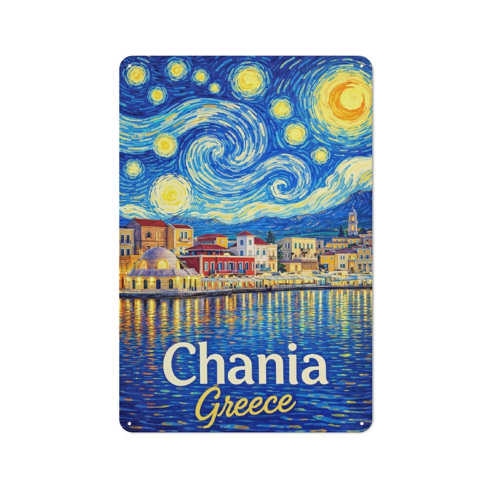 Junmoney Style-2 Retro Tin Sign 30X20cm Featuring Chania Greece Starry Night For Workshop Wall, For Kitchen, Dining Room And Home Bar Wall Decor