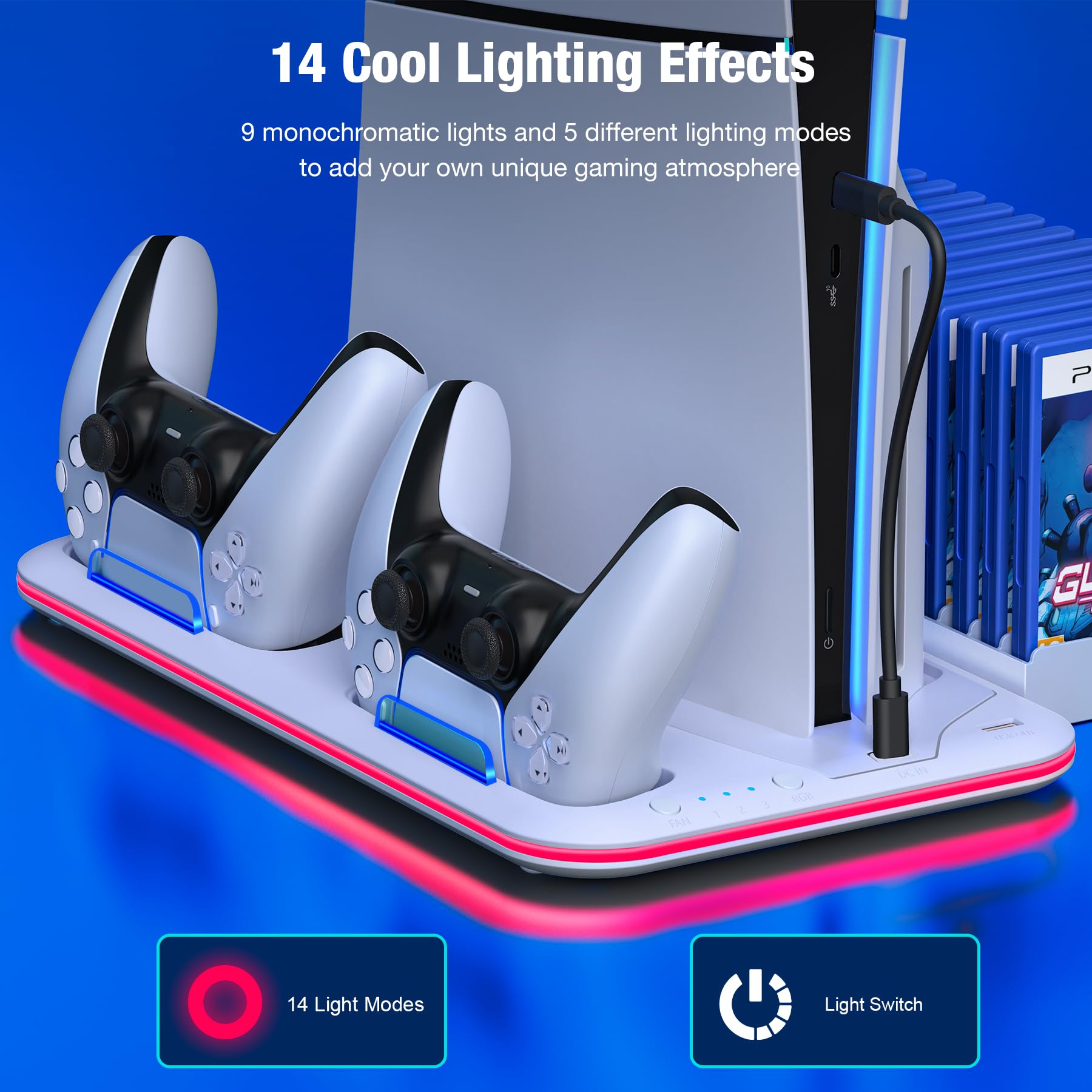 Supporto PS5, sottile supporto PS5 con stazione di raffreddamento e stazione di ricarica per console PS5 Slim Disc/Digital, accessori PS5, ventola di raffreddamento, LED RGB, supporto per cuffie, slot