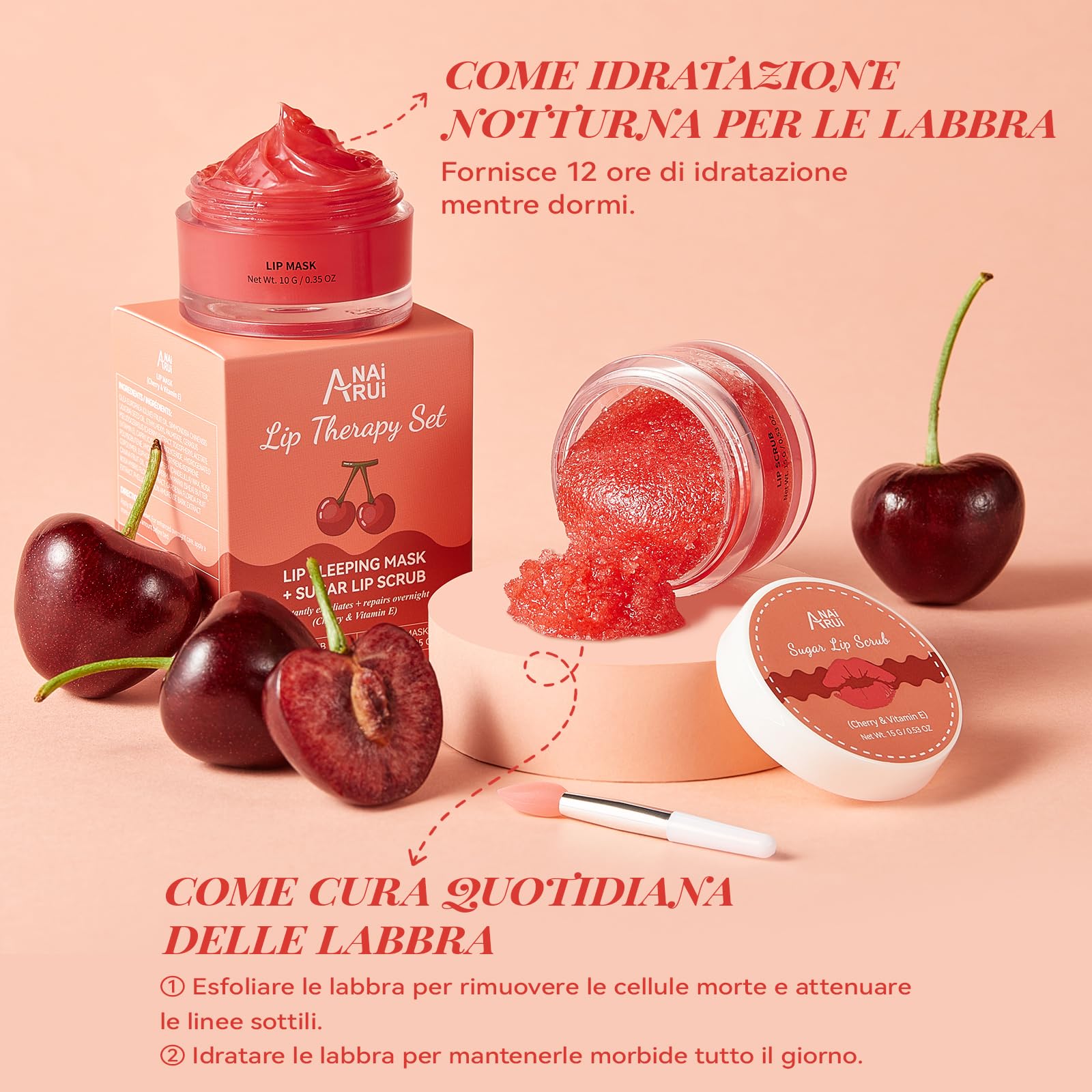 ANAiRUi Set di maschera per labbra e peeling per labbra Cherry