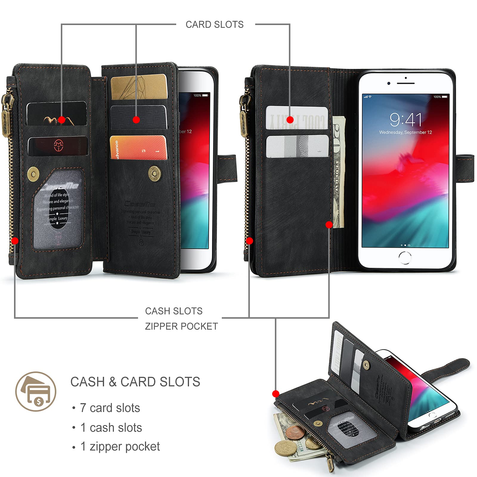 UEEBAI Wallet Case for iPhone SE 2022 5G/iPhone 7/iPhone 8/iPhone SE 2020, Handmade PU Leather Phone Case Card Slots Magnetic Zipper Pocket Kickstand Cover Flip Case for iPhone SE3/SE2 -Vintage Black