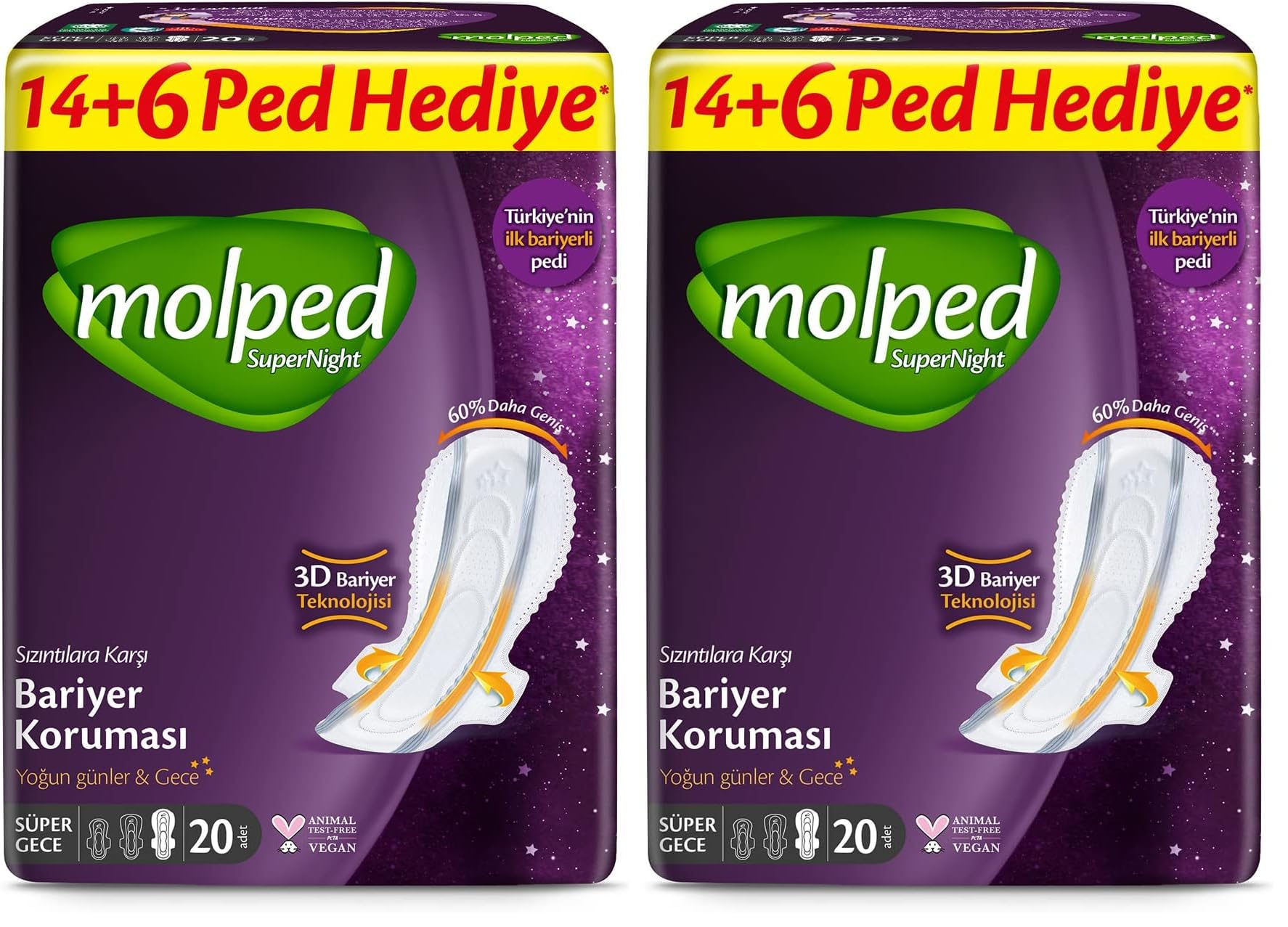 Molped Supernight Ultra Hijyenik Ped Super Gece Dev Ekonomik 20 Adet (2 paketi)