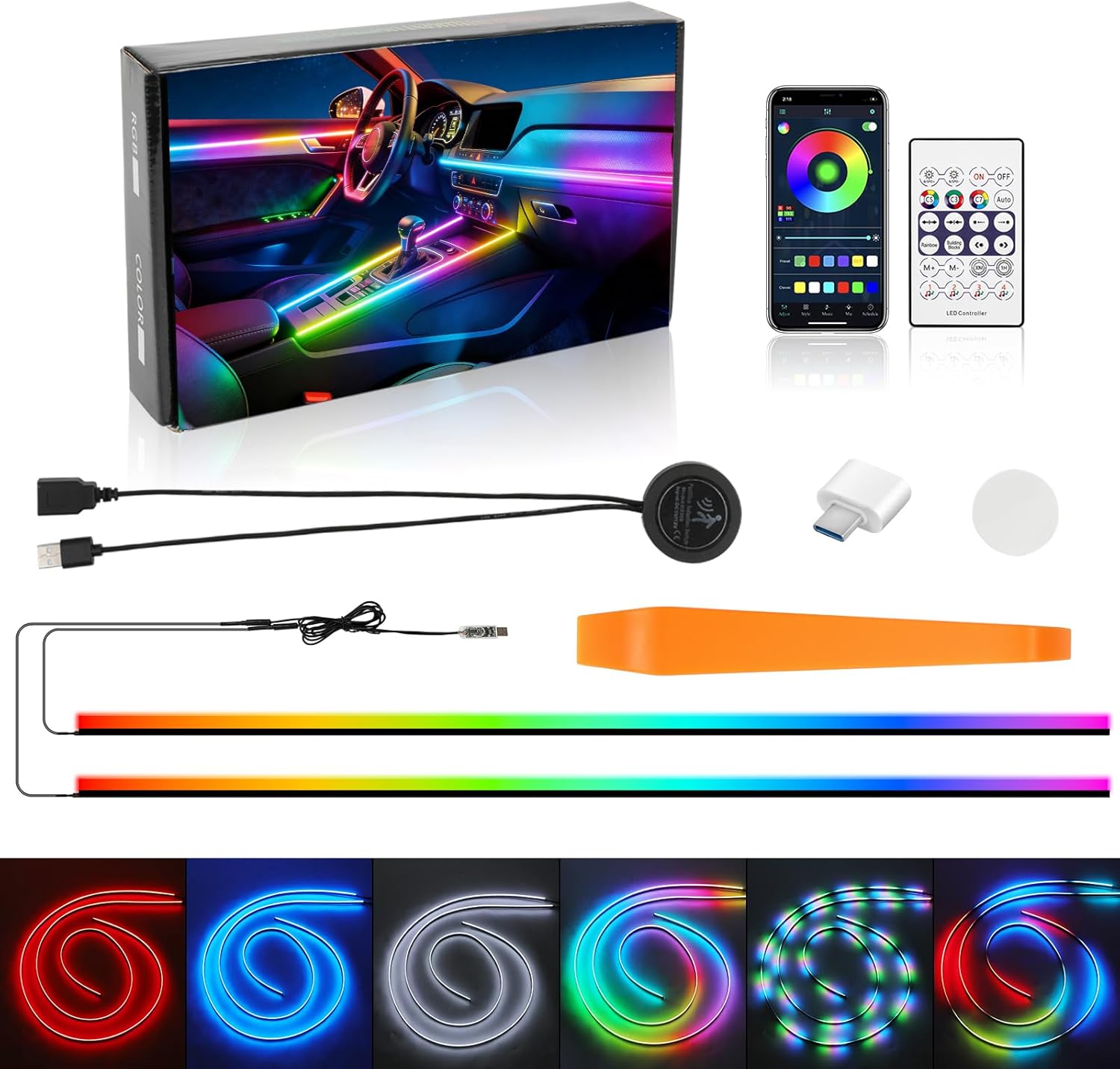 Interior Car LED Strip Lights, Acrylic LEDs Lights for Car with Dynamic Dreamcolor Chasing, Ambient Lighting Kits Music Sync Wireless APP and RF Remote Control (55.12inch*2)