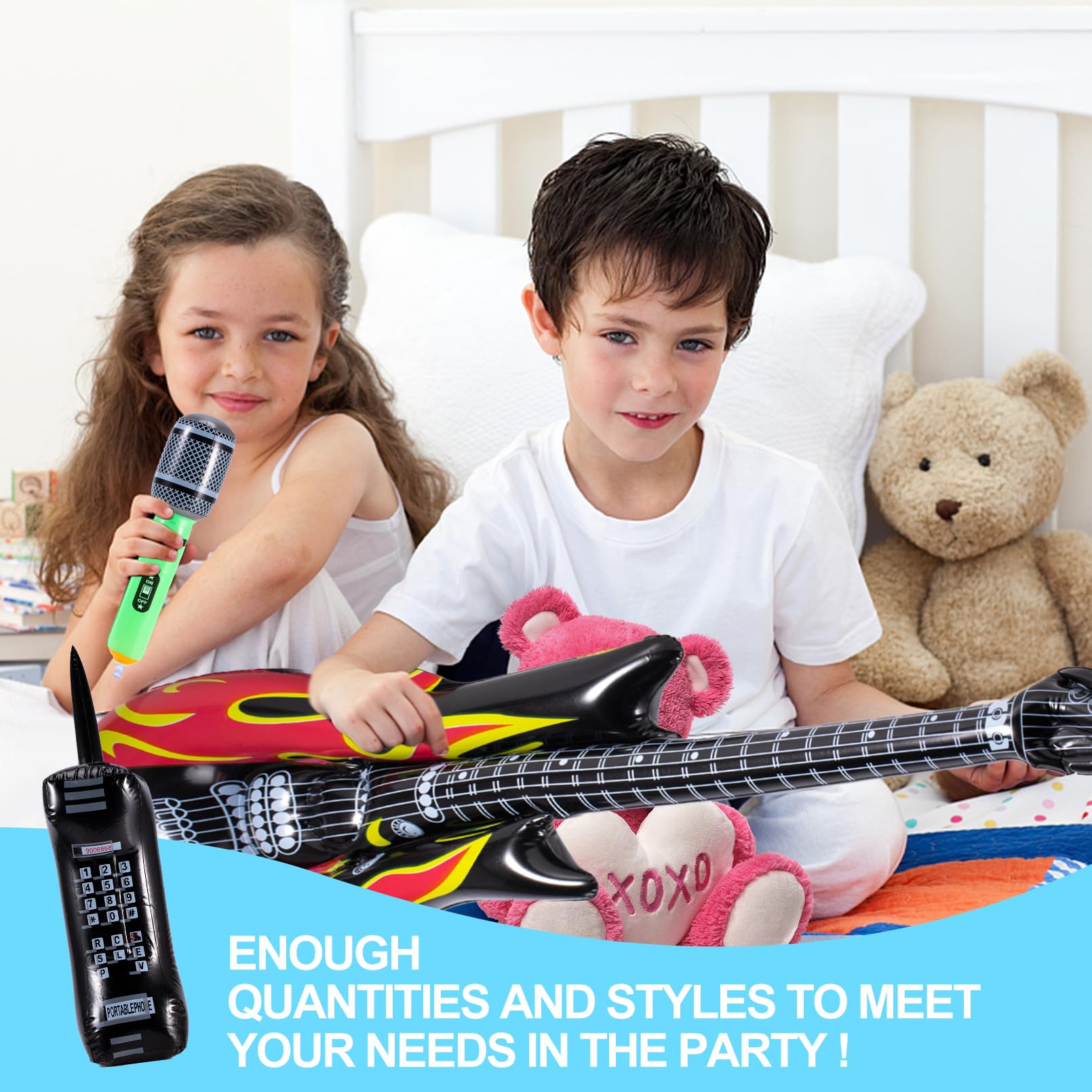 12 instrumentos inflables, juego de juguetes inflables de estrella de rock, guitarra inflable, saxofón inflable, micrófonos inflables, lute bajo, piano de teléfono, decoración de fiesta de los 4
