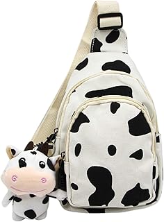 Unisex Canvas Daypack, Cartoon Printed Cows Chest Bag, Small Sling Bag with Hanging Pendant for Women Lady, White