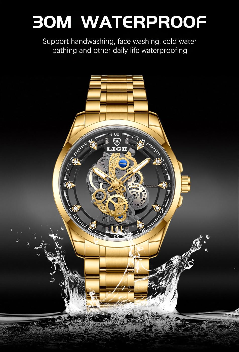 MASTOP Orologio da uomo al quarzo trasparente con diamanti, in acciaio inox, impermeabile, con scheletro, orologi al quarzo da uomo