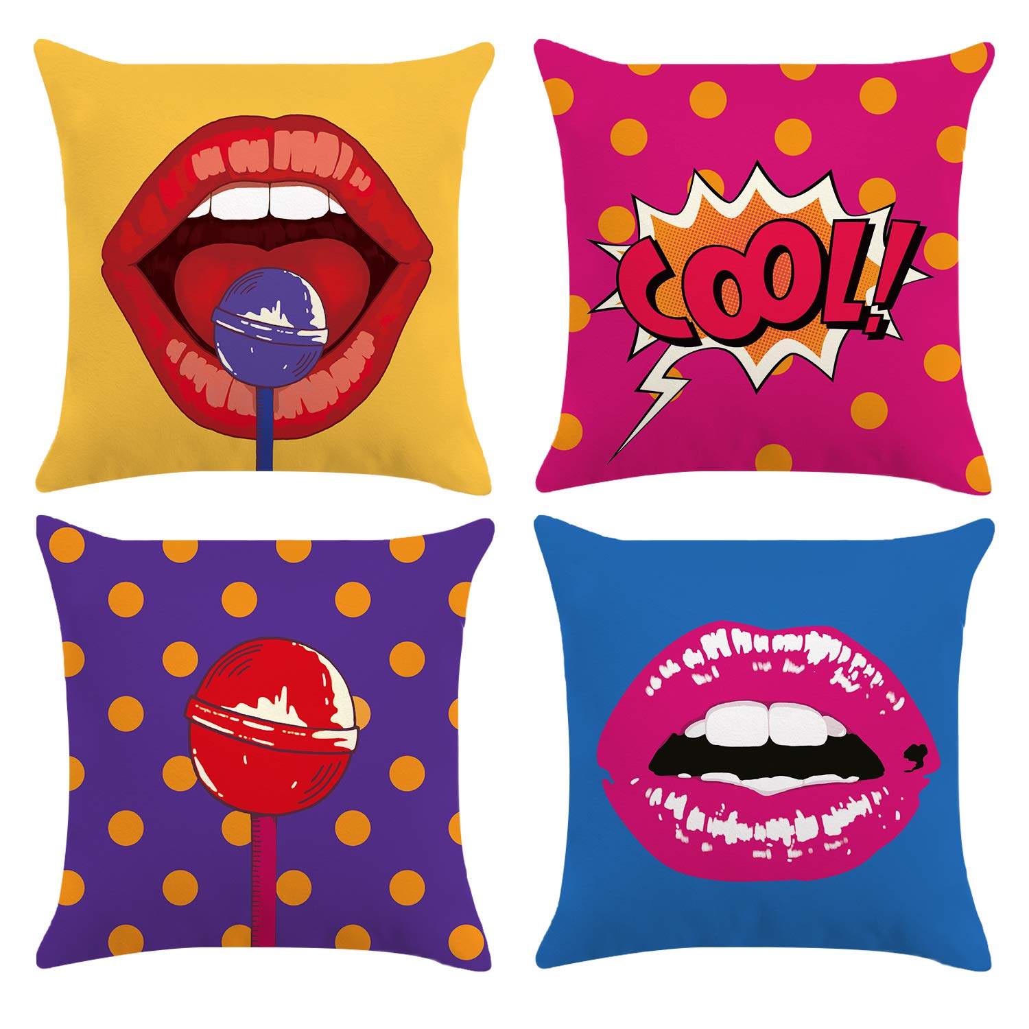 Bonhause Pop Art Throw Pillow Covers 18 x 18 Inch Lips Polka Dots Comic Decorative Pillow Cases Soft Velvet Cushion Covers for Sofa Couch Bed Home Decor Set of 4