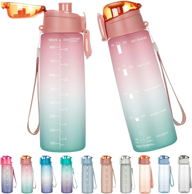 Lalafancy Motivational Water Bottle 900ml with Time Marker, BPA Free Tritan Plastic Drinks Bottles, Leak Proof Gym Bottle for Fitness, Outdoor, Camping, Sports, Cycling, Yoga