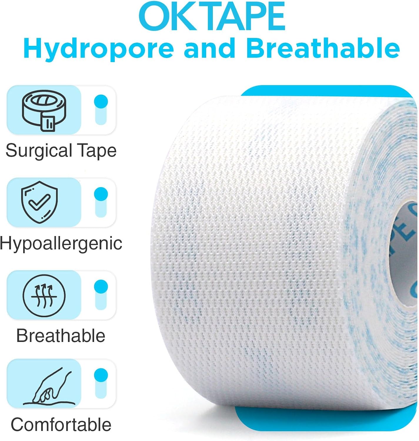 OK TAPE Surgical Tape Hydropore 2 inch x 5.5yd 6 Rolls | Dry Medical Tape for Skin, Tube, Dressings, Wound Waterproof First Aid Tape No latex, skin friendly