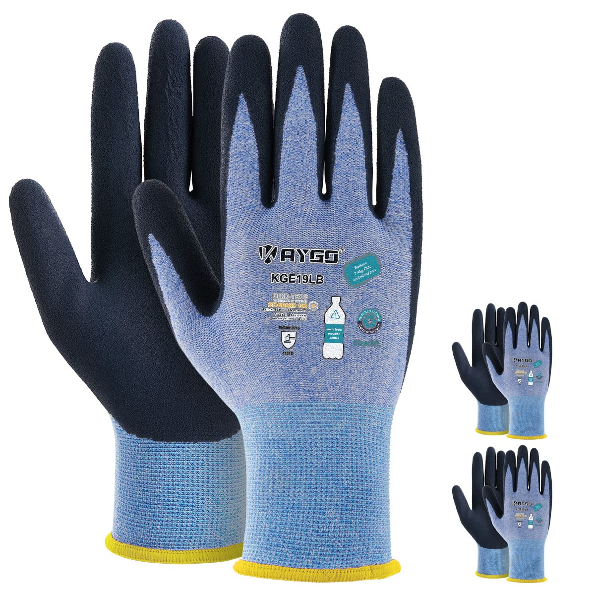 KAYGO Work Gloves for Women, Eco Friendly Safety Work Gloves with Breathable Rubber Coated, KGE19L,3 Pairs