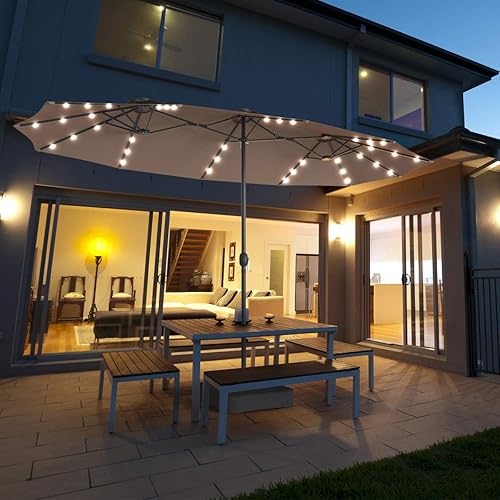 Miniatura 2 de Tangkula Sombrilla solar LED de doble cara de 15 pies con base, sombrilla doble para exteriores, sombrilla extra grande con 36 luces LED alimentadas