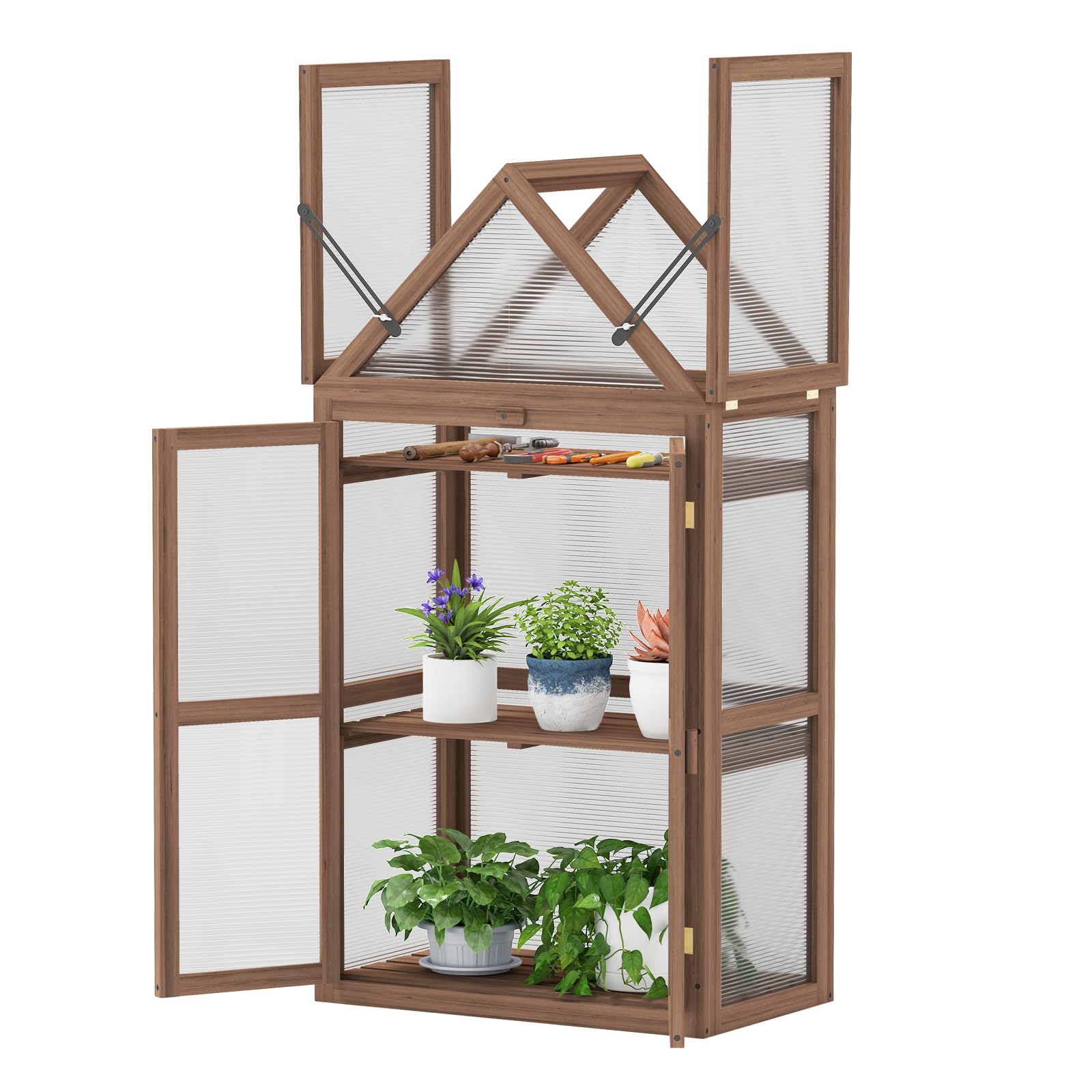 COSTWAY Serre de Jardin à 3 Niveaux en Bois de Sapin, 2 Porte Toit Ouvrant avec Étagères Réglables, Serre à Tomates Protection Transparente en Polycarbonate, 71x41x133cm, Brun