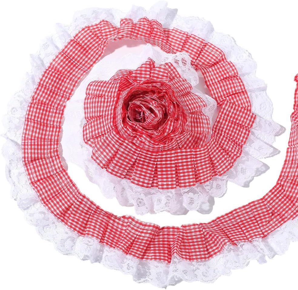 GORGECRAFT 5Yds Pink Gingham Pleated Chiffon Lace Trim 2.5 Inch Gathered Checkered Taffeta Buffalo Plaid Woven Ribbon Organza Mesh Ruffle Fabric Embroidered Applique Edging Trimming for Sewing Dress