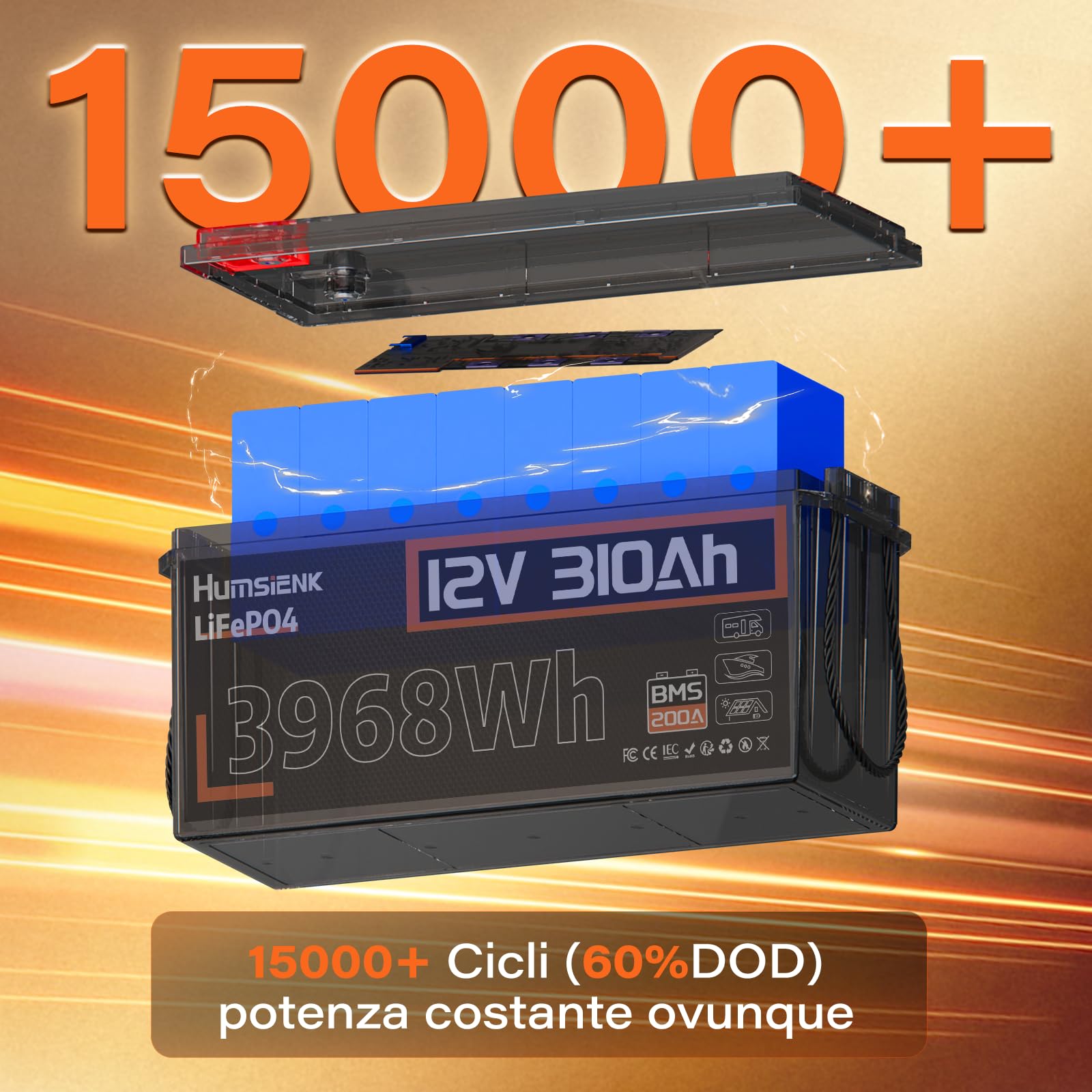 Humsienk Batteria Litio 12V 310Ah LiFePO4 con BMS 200A e Protezione Bassa Temperatur, 15.000 Cicli Profondi, 3968W energia Per Accumulo Solare, Alimentazione di Emergenza, Camper,Off-Grid