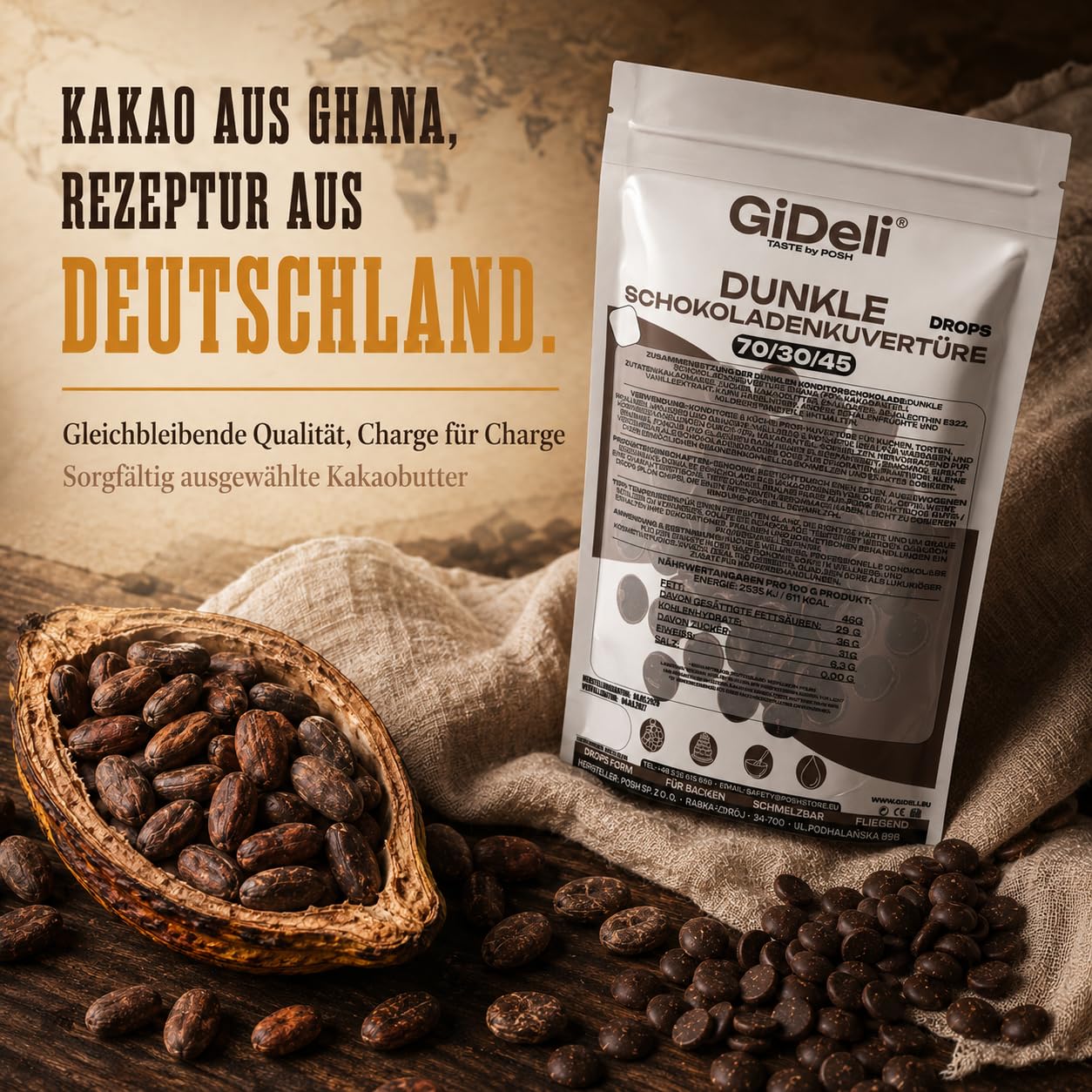 GiDeli Dunkle Schokoladenkuvertüre 70% Drops 2x5kg - Professionelle Zartbitterschokolade zum Temperieren - Kakao aus Ghana - Fließfähigkeit 45 - Ideal für Torten, Pralinen & Ganache