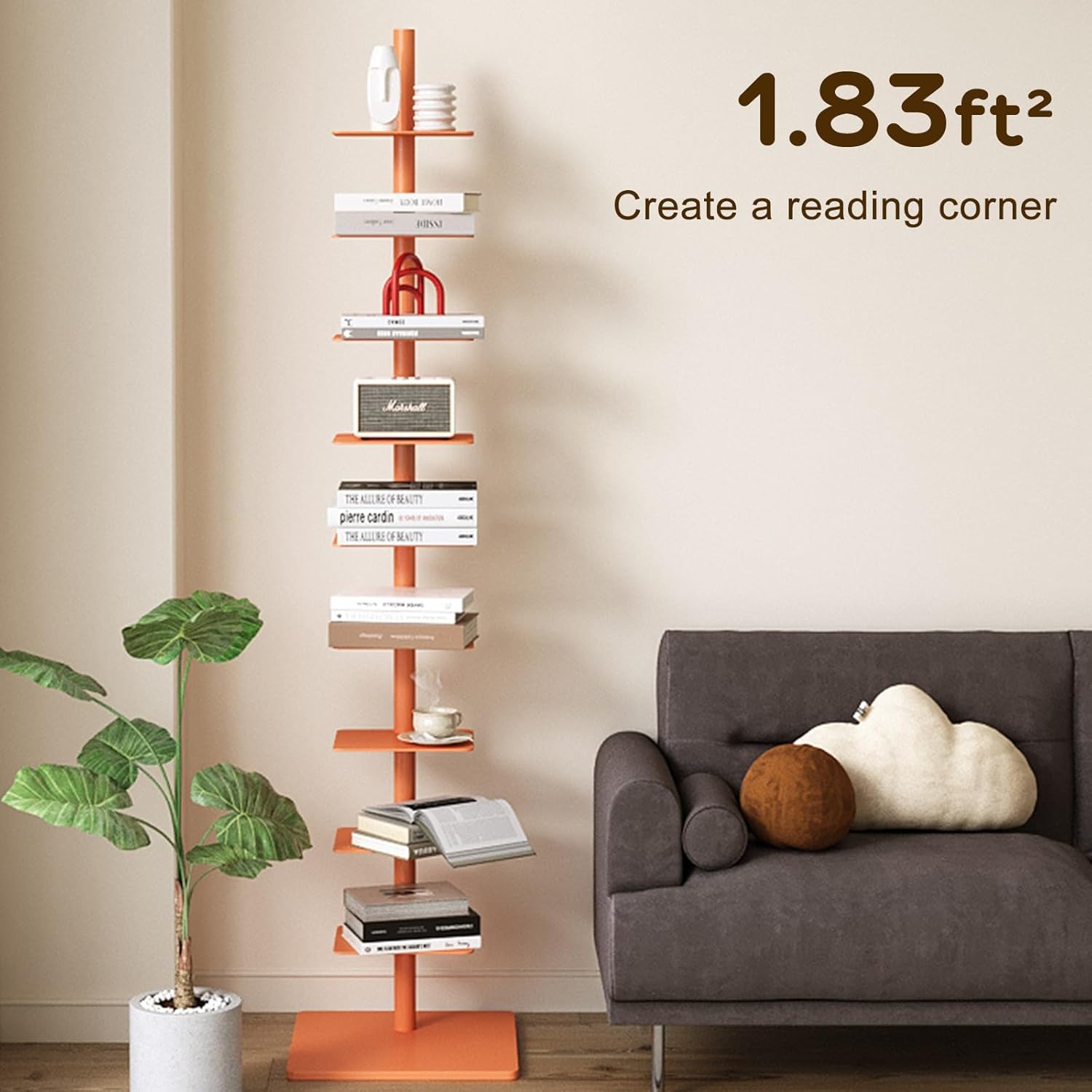 9-Tier Metal Spine Bookshelf - Vertical Tower for Booksfor Small Spaces, Multipurpose Corner Bookshelf, Tall & Narrow Ladder Bookcase, Ideal Book Display for Home or Office (Orange Color)