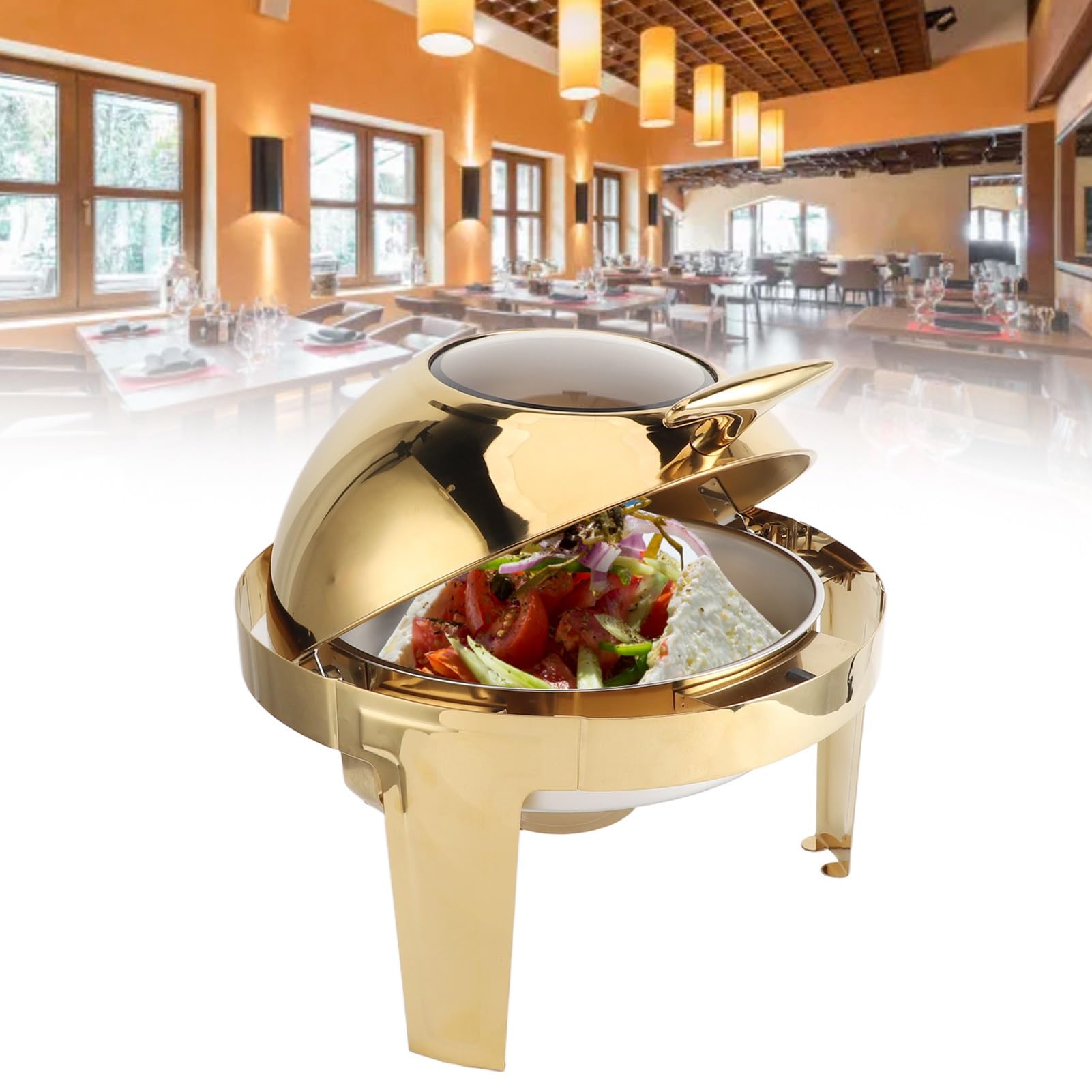 Zestaw do Podgrzewania Potraw Cateringowych ze Stali Nierdzewnej z widoczną pokrywką na imprezę Holiday Gold, Podgrzewany Alkoholem Okrągły Zestaw do Podgrzewania Potraw w Formie Bufetu dla