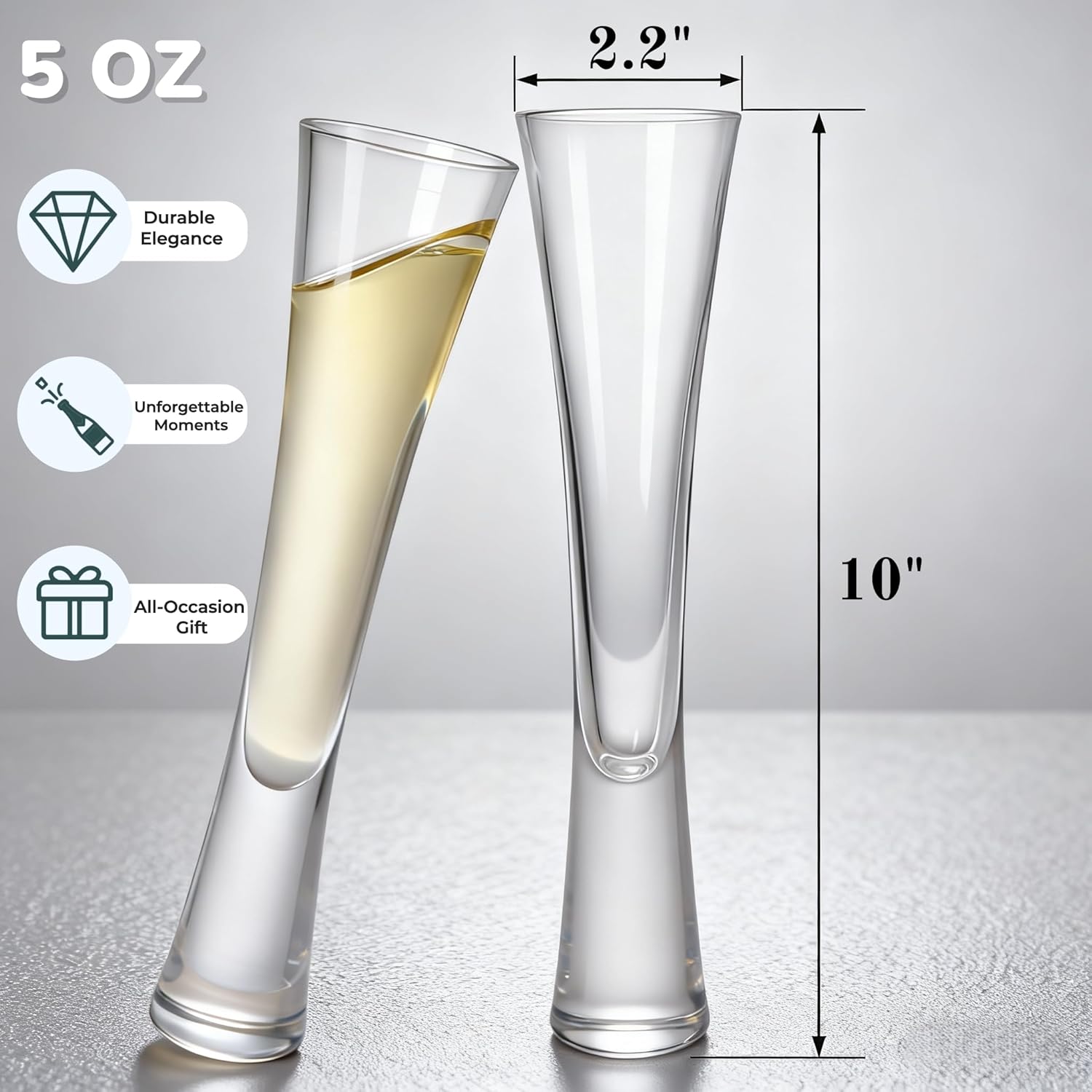 2 Pack 5 Oz Champagne Flutes Glasses, Unique Elegant Sparkling Wine Glass, Ultra-long Shape Crystal Glassware Set for Prosecco, Mimosas, Cocktails, Birthday, Wedding, Parties, Wine Tasting