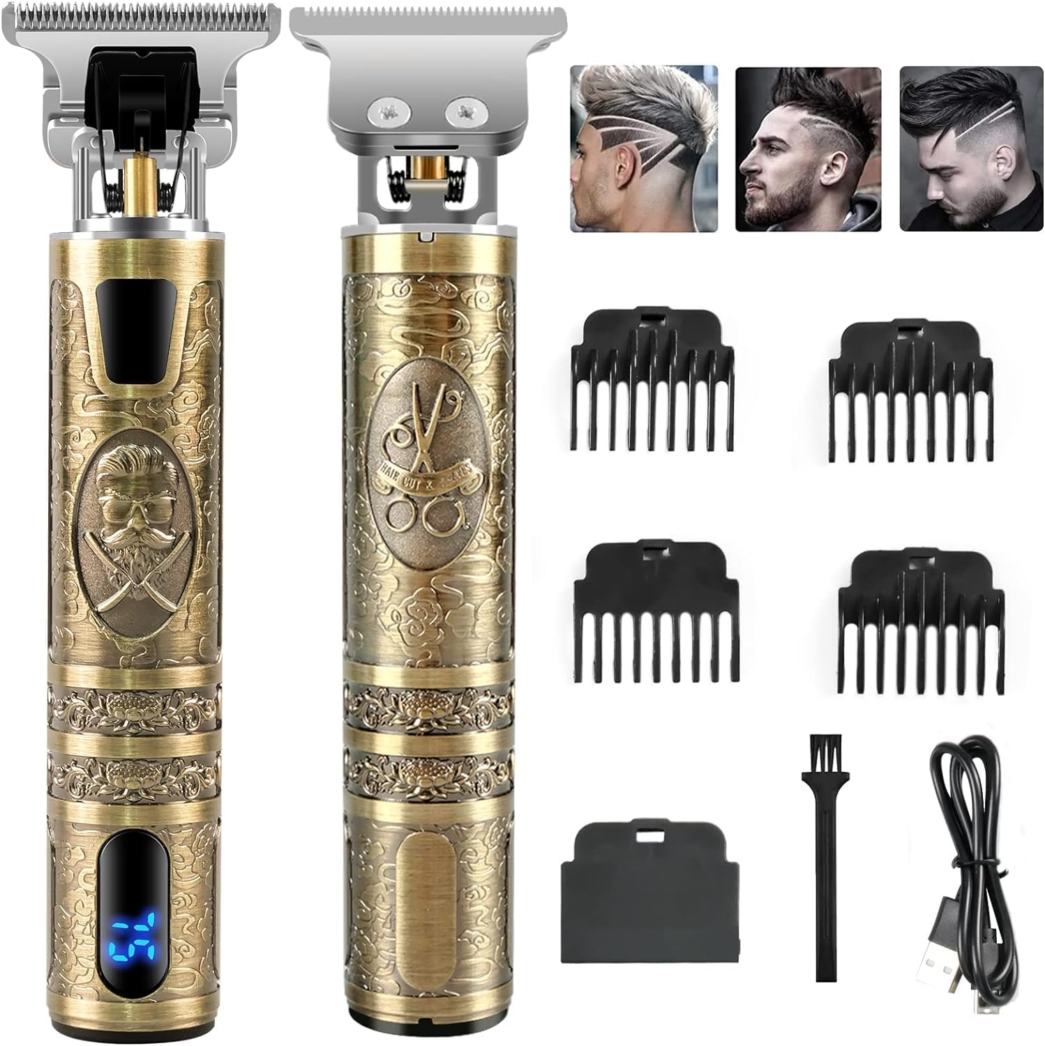 Cortapelos Inalámbrico Profesional Recargable con Hoja T, Cortador de Pelo y Barba con 4 Peines-guía