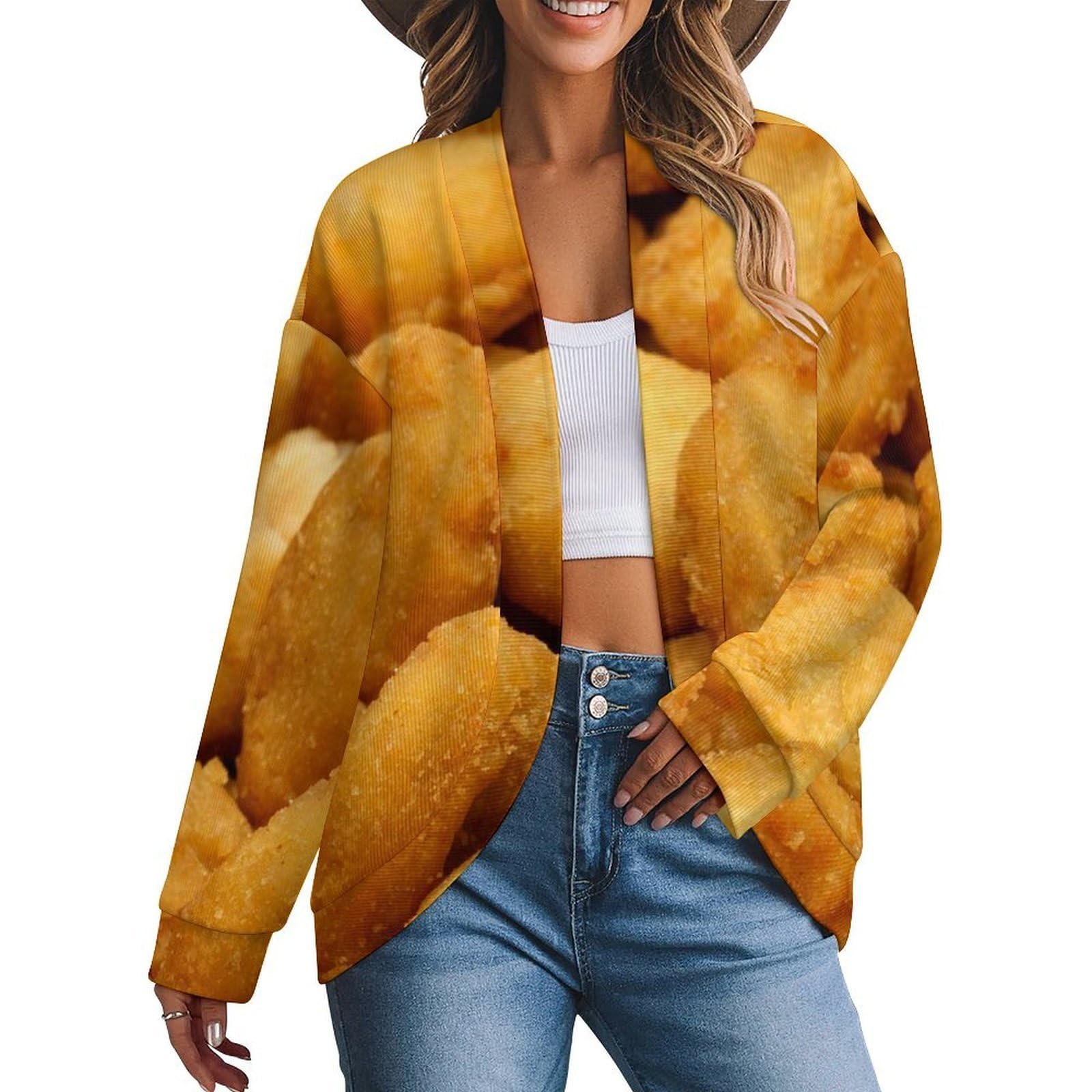 Chicken Nuggets Pattern Womens Cardigan Long Sleeve Open-Front Cardigan Loose Shrugs Sweater