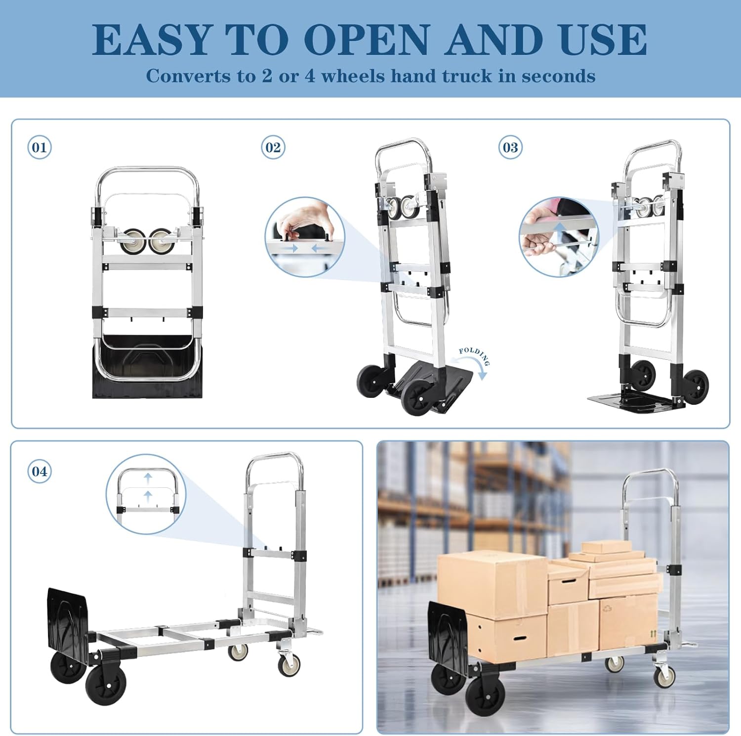 600-Pound 4-Wheel Folding Hand Truck/Cart, Heavy-Duty with Adjustable Height & Length, for Industrial Use and Home Moving