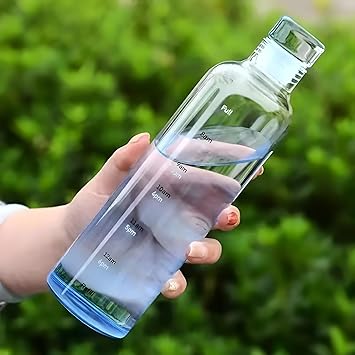 JIGSHTIAL Glass Borosilicate Water Bottles, H2O Fridge Water Bottle With Cap, Leak Proof & Airtight Lid, Water Bottle For Office, School, College - 500ML Bottles With Time Marker (Blue 500ML) - image, photos
