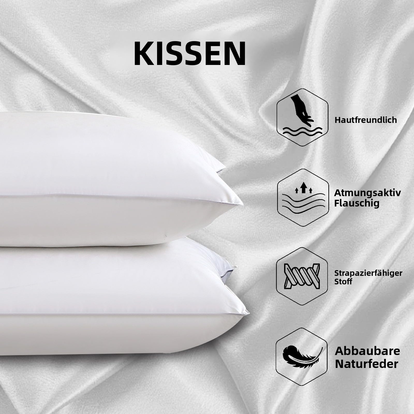Federkissen 50x75 cm(2 Stück, weiß), Federkopfkissen mit Bezug aus Baumwolle，Kissen als Kopfkissen, Schlafkissen u. Bettkissen