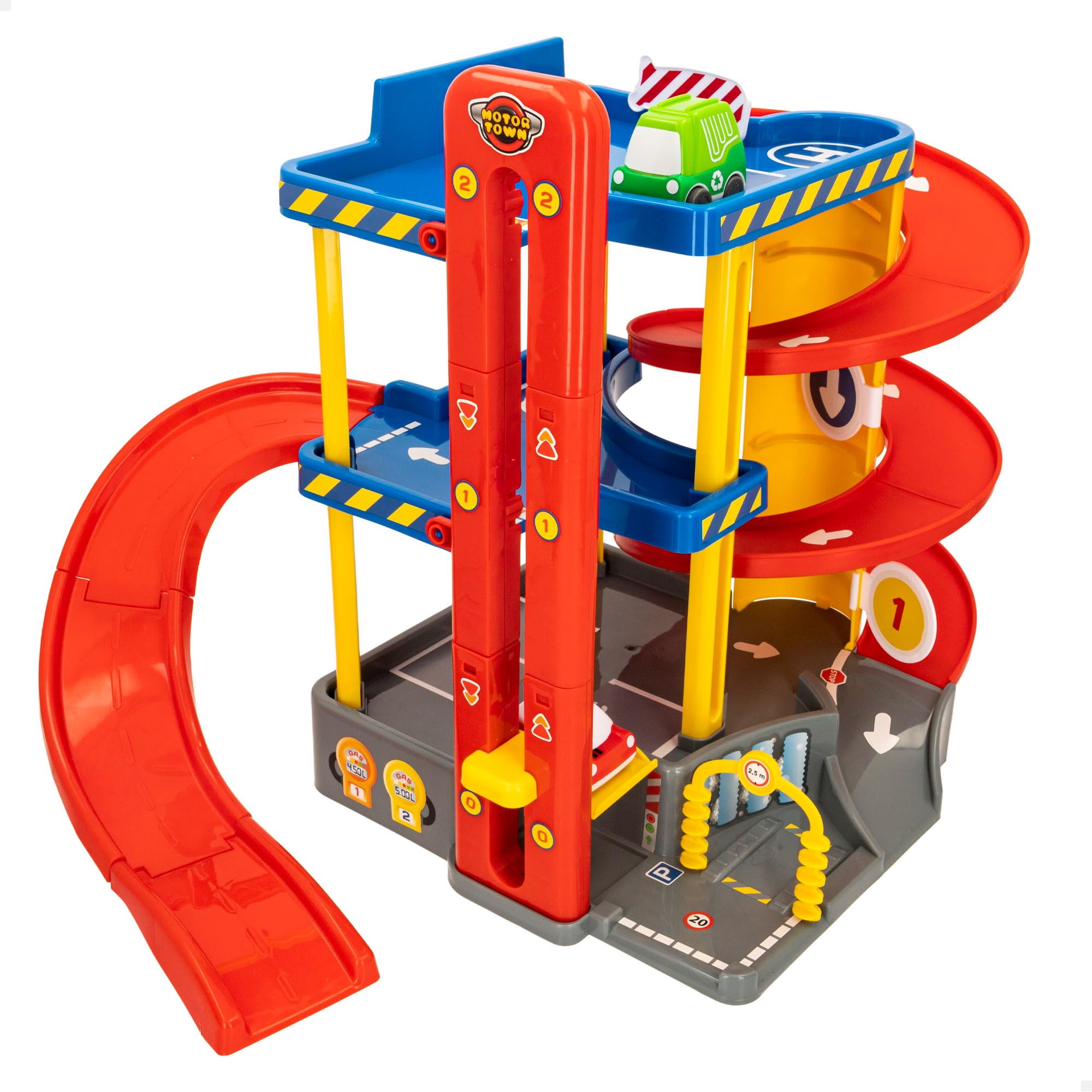 COLORBABY Motor Town, Parking de Juguetes 3 Niveles y Doble Rampa, Incluye 2 Coches y 2 Rampas de Lanzamiento, Pista y Garage Infantil, Juguetes para Niños (49965)