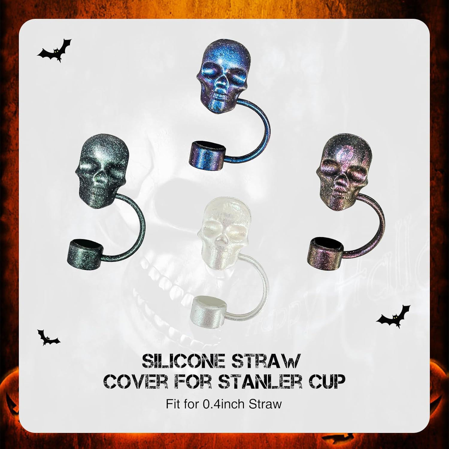 4Pcs Laser Skull Straw Topper, Halloween Straw Cover Cap for Stanley Cup, 3D Skull Covers for 30&40 Oz Tumbler, 10mm Reusable Drinking Straw Caps, Cup Accessories Halloween Gifts - Image 3