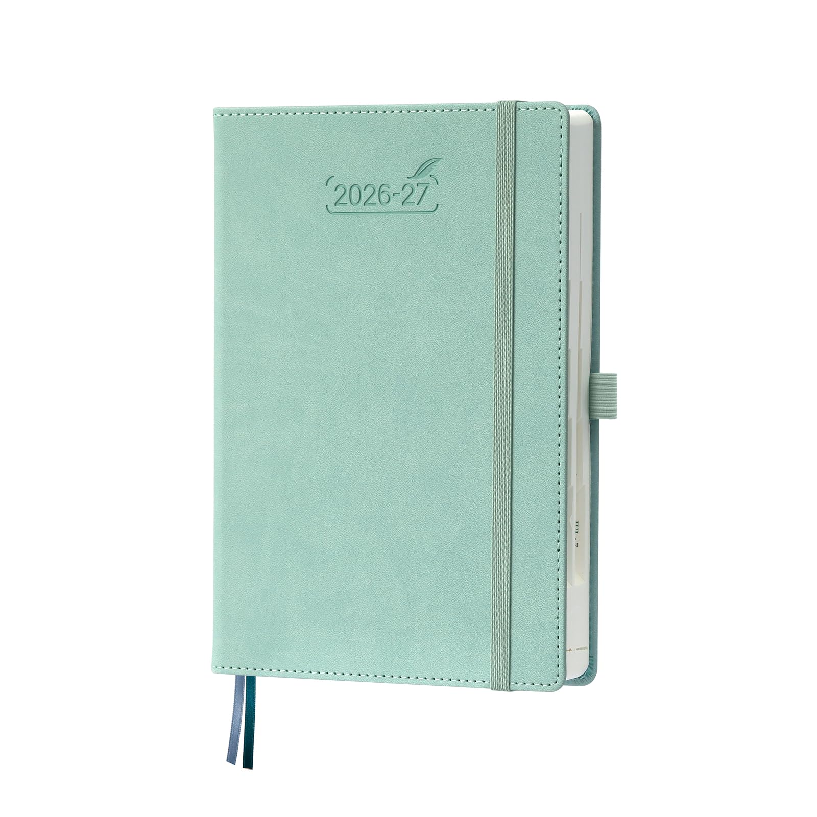 BEZEND A5 Academic Diary 2026-2027 Page A Day (Aug'26-Jul'27). 12-Month Daily Planner with 30 Minute Intervals. Appointment Book with Tabs & Pocket. for Work and Home. PU Leather Hardback, Mint Green