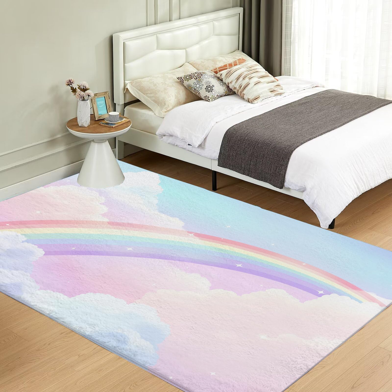 Kinderzimmerteppich Antirutsch - Waschbar bis 30 Grad - Regenbogen - Kurzflor Kinderteppich Teppich für Kinderzimmer - Regenbogen Wolken - Teppiche Junge Mädchen 80 x 150 cm
