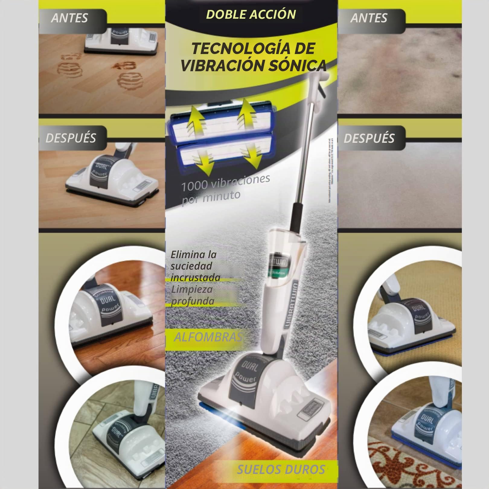 VIBRATWIN Dual Action Limpiadora de Suelos Eléctrica de Doble acción Friega, Frota, Limpia y Rejuvenece todas las Superficies de Madera, Piedra, Moqueta, Mármol (VIBRATWIN)