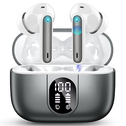Csasan Auriculares Inalámbricos, Auriculares Bluetooth 5.3 HiFi Estéreo con 4 HD Micró, Pantalla LED Cascos Inalambricos Reproducción de 40H, Control Táctil, IPX7 Impermeable, Carga Rápida USB-C[2023]