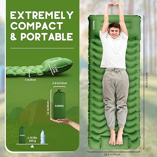 Miniatura 4 de KASIMO Colchoneta de dormir para camping, ultraligera con almohada con bomba de pie incorporada, almohadillas inflables compactas para acampar,