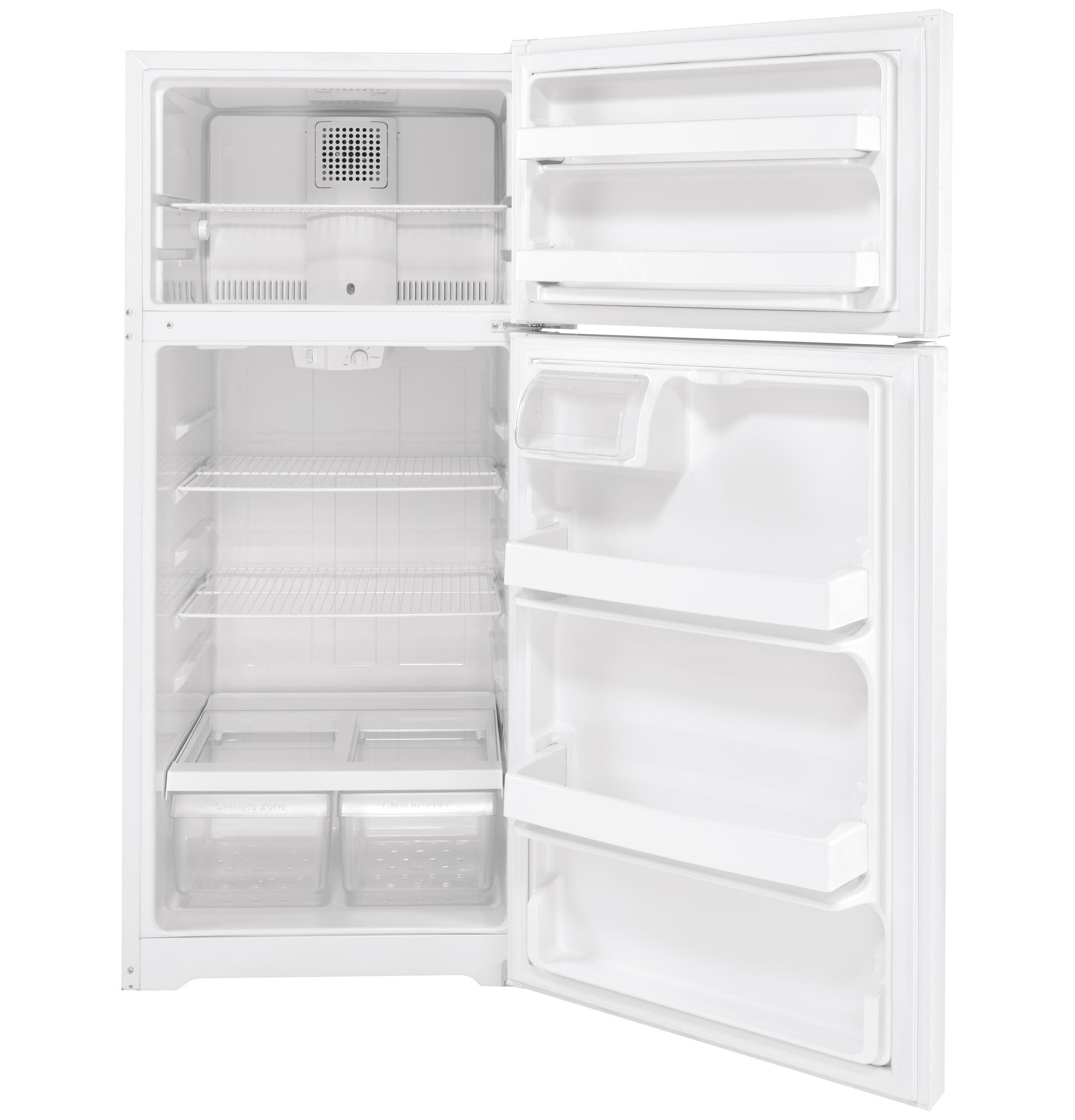 GTE17DTNRWW 28" Energy Star Qualified Top Freezer Refrigerator with 16.63 cu. ft. Capacity; LED Lighting; Adjustable Wire Shelves and Upfront Temperature Controls in White on Fridge.com