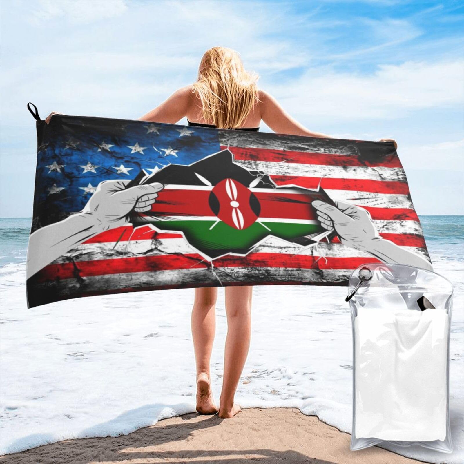 HACXZ American and Kenyan Flag Vintage Beach Towel Lightweight Absorbent Beach Towel Microfiber 31.5"X63"