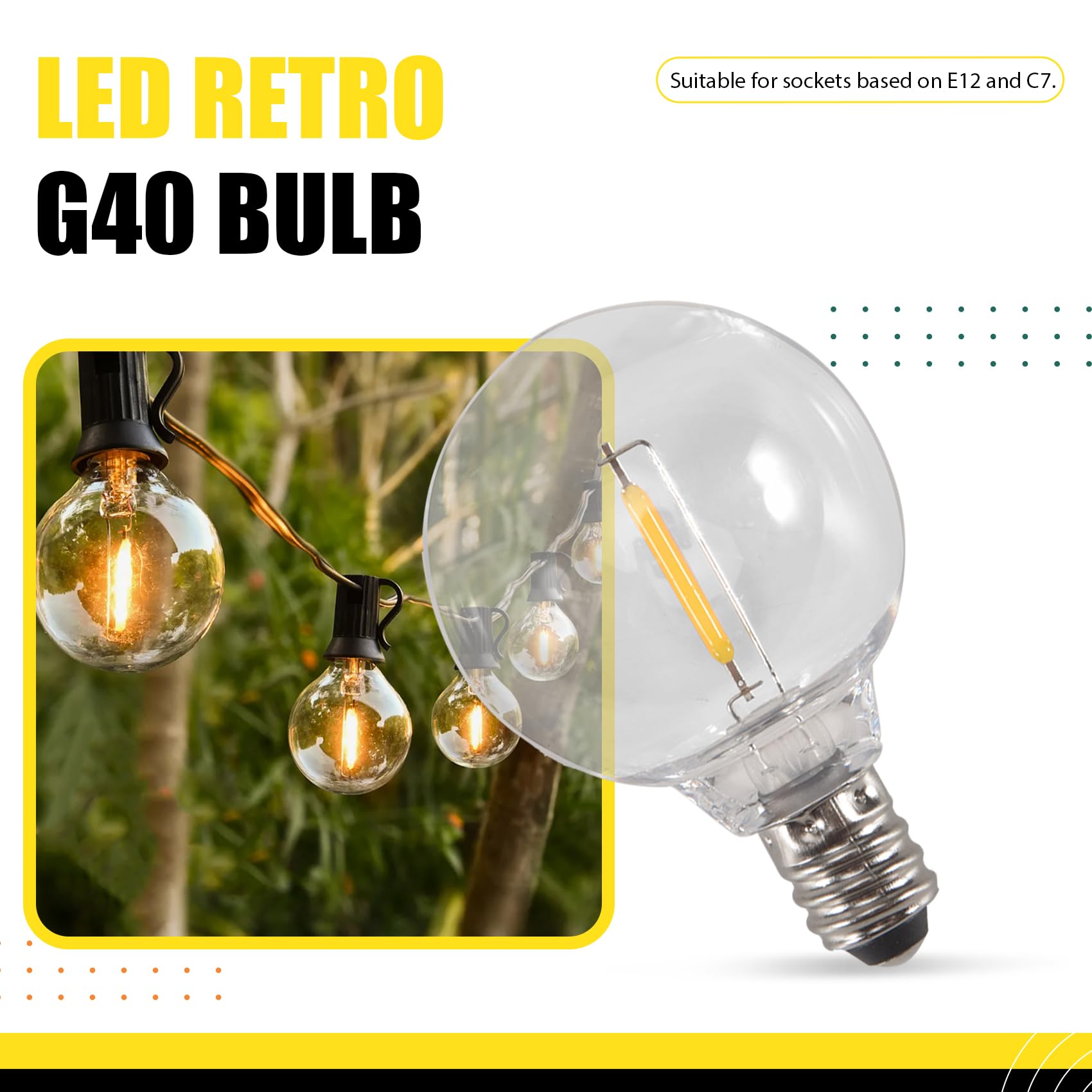 20 Piezas Bombillas LED de Repuesto G40 Bombillas de Globo LED Inastillables con Base de Tornillo E12 para Luces de Cadena Solares CáLidas