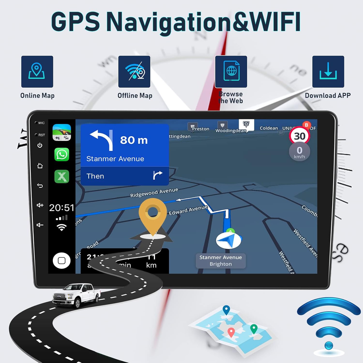 Image showing the GPS navigation interface on the car stereo screen with a map, directions, and speed information. Icons for online map, offline map, web browsing, and app download are also visible, along with a Wi-Fi symbol.