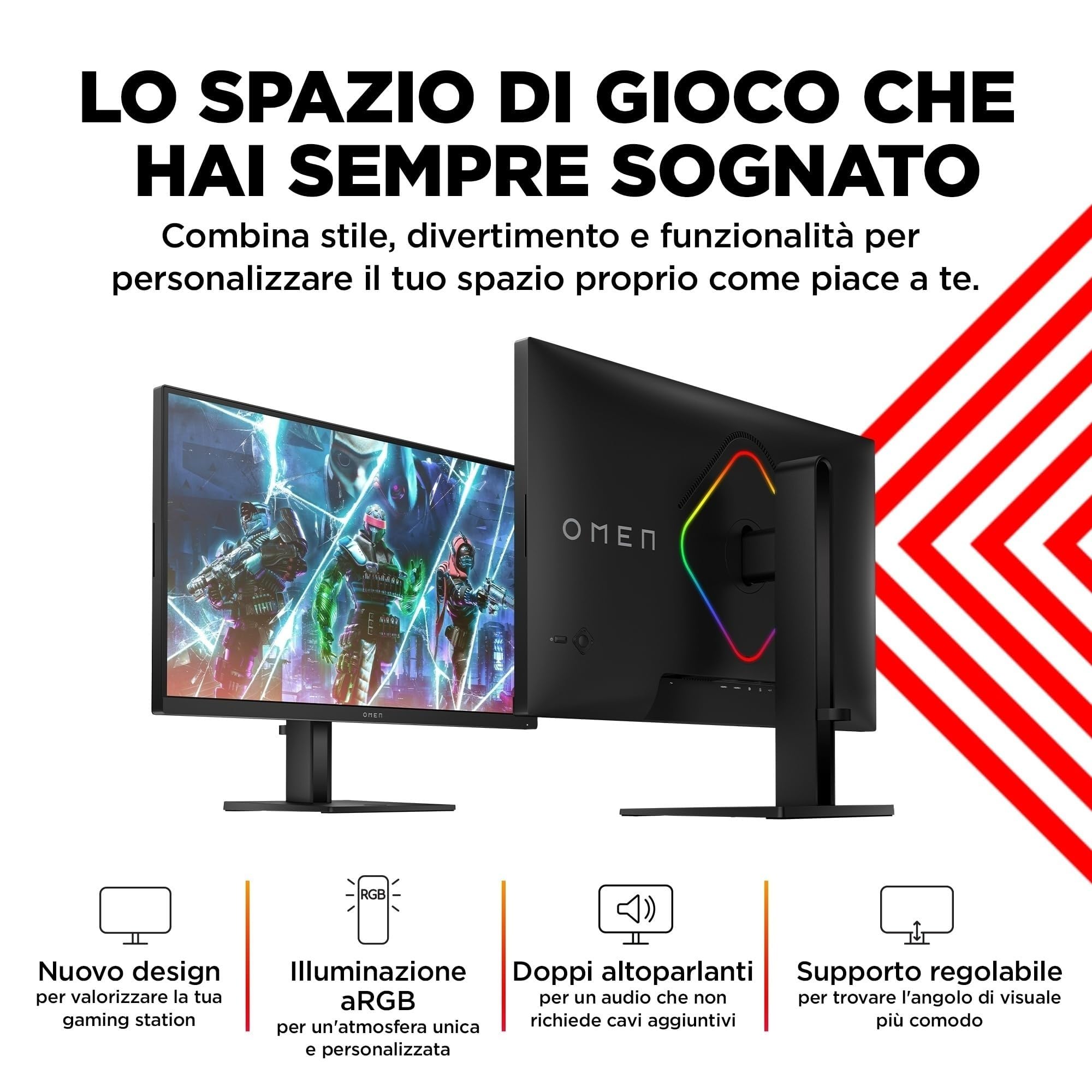 HP OMEN 27qs Monitor da 27 Pollici, Pannello IPS da 16:9 QHD da 240 Hz, 1 ms, Display HDR 400, Antiriflesso, 400 Nits, AMD FreeSync, NVIDIA G-SYNC, VESA 100x100 mm, HDMI 2.0, USB-A e B