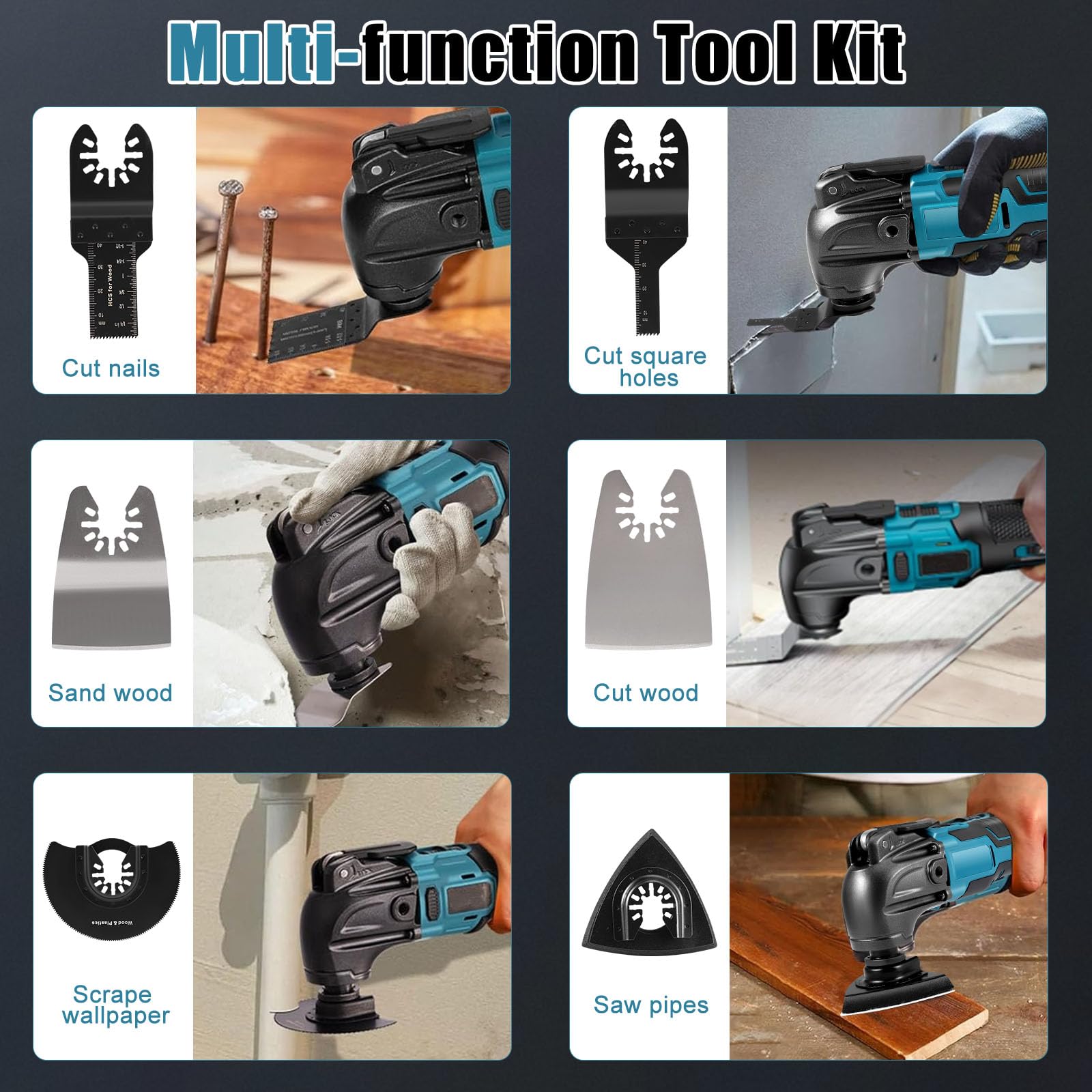 Herramienta oscilante multifuncional, compatible con batería Makita 18 V, 6 velocidades variables, sierra circular, 18 accesorios para tallado, raspado, rectificado
