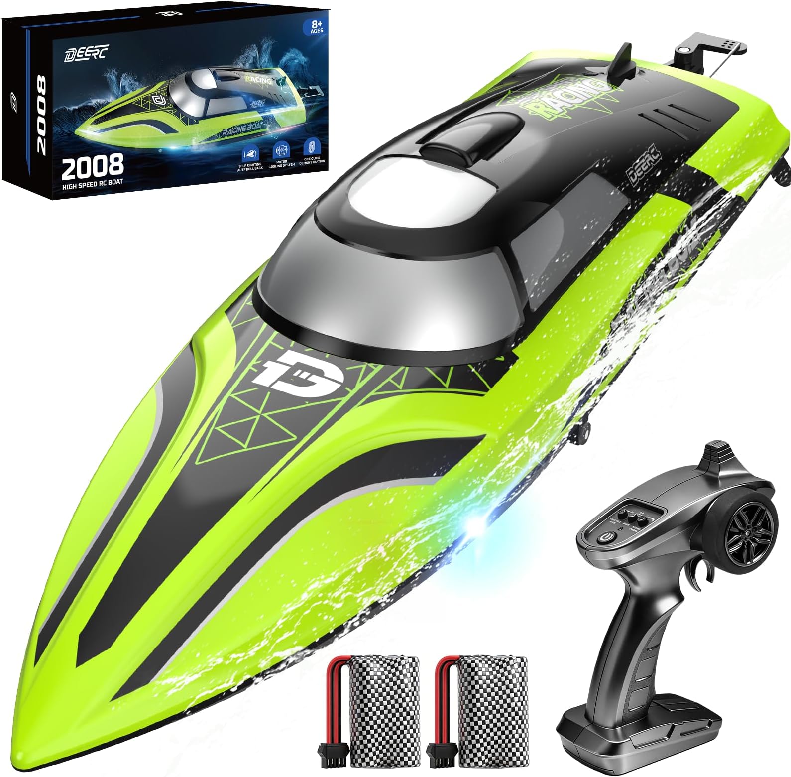 DEERC RC Boat with LED Light, 30+ Mins, Self Righting Remote Control Boat for Pools & Lakes, 20+ MPH, 2.4GHz Racing Boats, 2 Battery, Pool Toys for Kids, Radio Controlled Watercraft